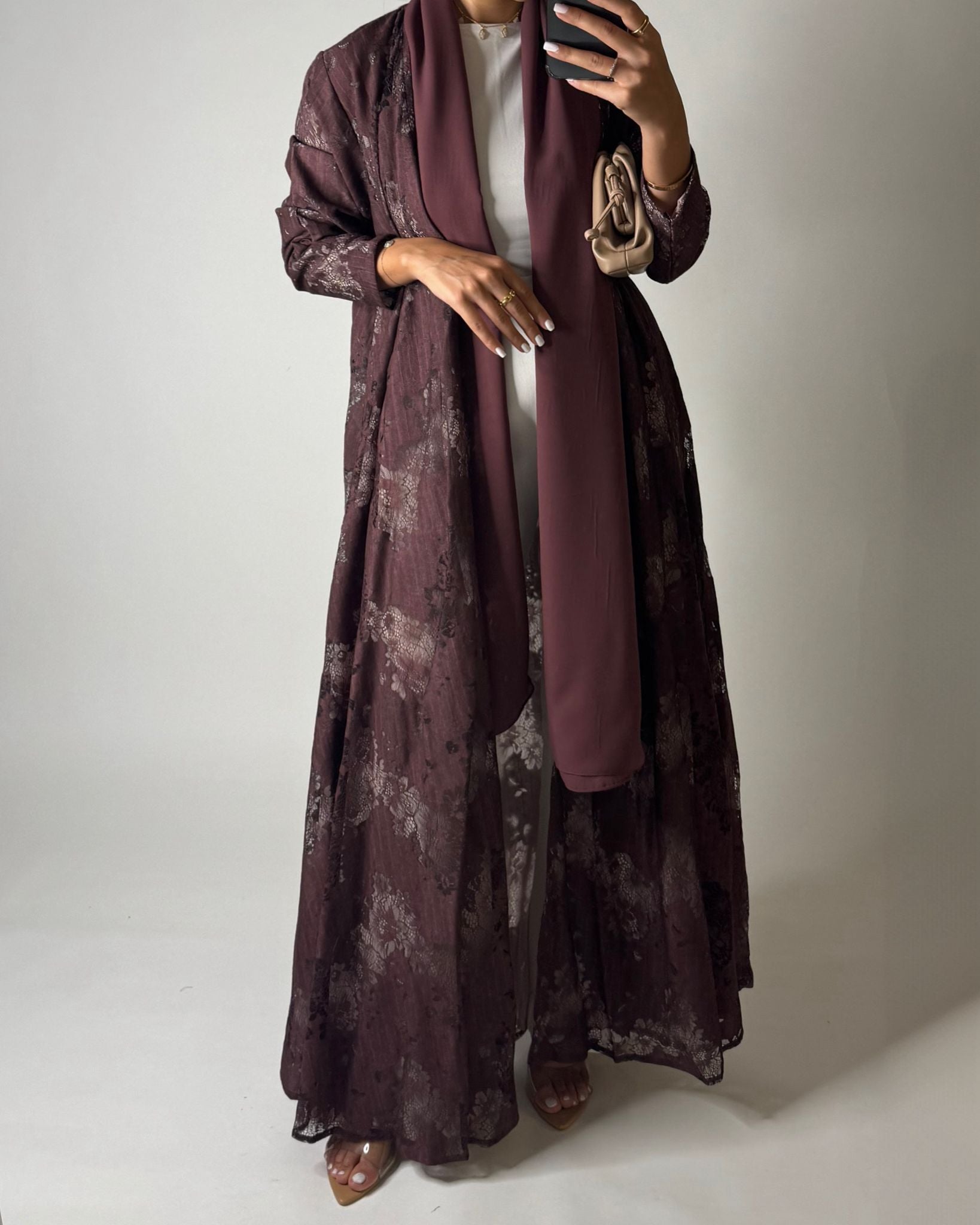 A589 - Maroon Linen & Lace A-CUT Summery Abaya & Matching Head Scarf