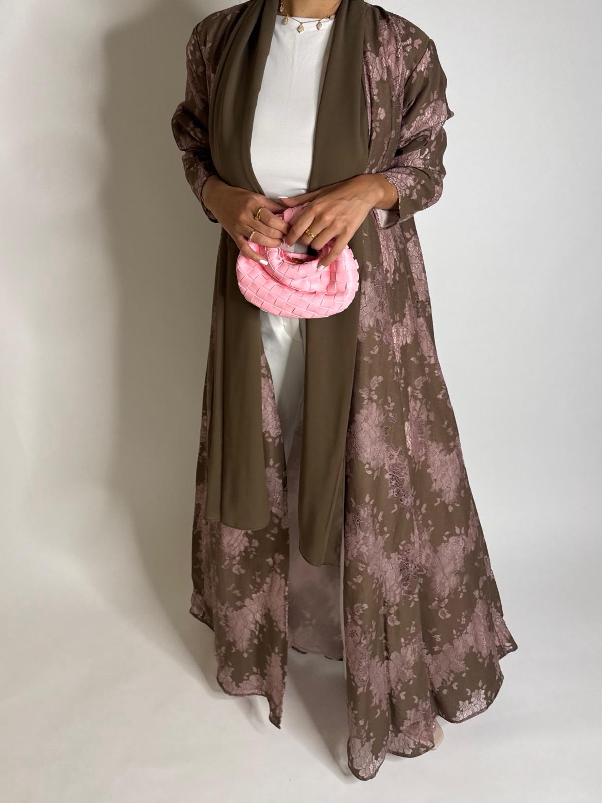 A599 - Brown & Pink Linen & Lace A-CUT Summery Abaya & Matching Head Scarf