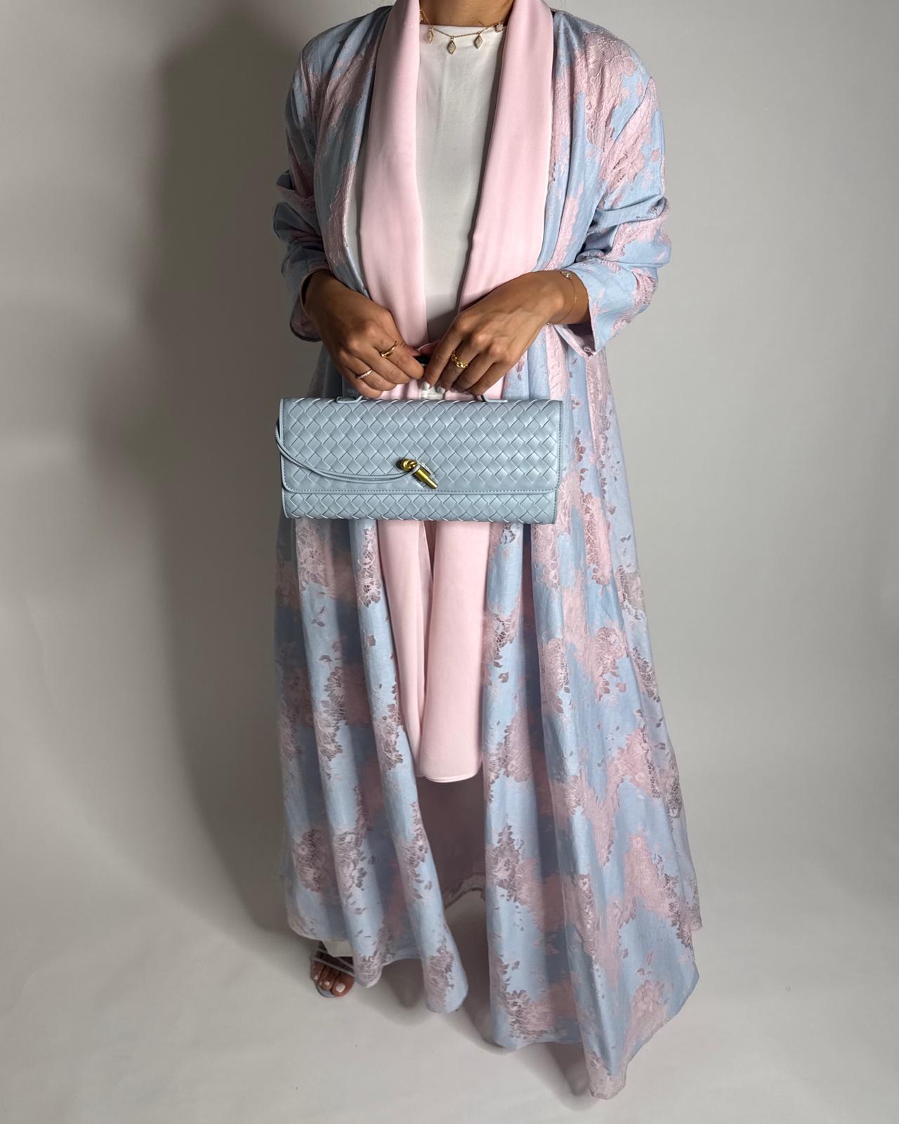 A601 - Baby Blue & Pink Linen & Lace A-CUT Summery Abaya & Matching Head Scarf