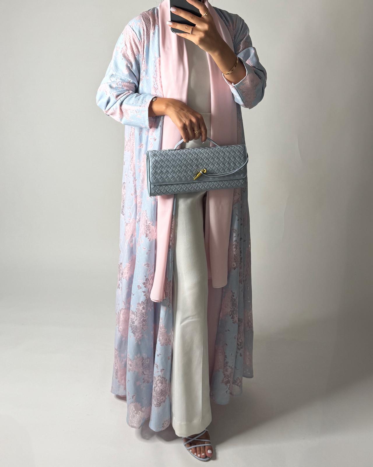 A601 - Baby Blue & Pink Linen & Lace A-CUT Summery Abaya & Matching Head Scarf