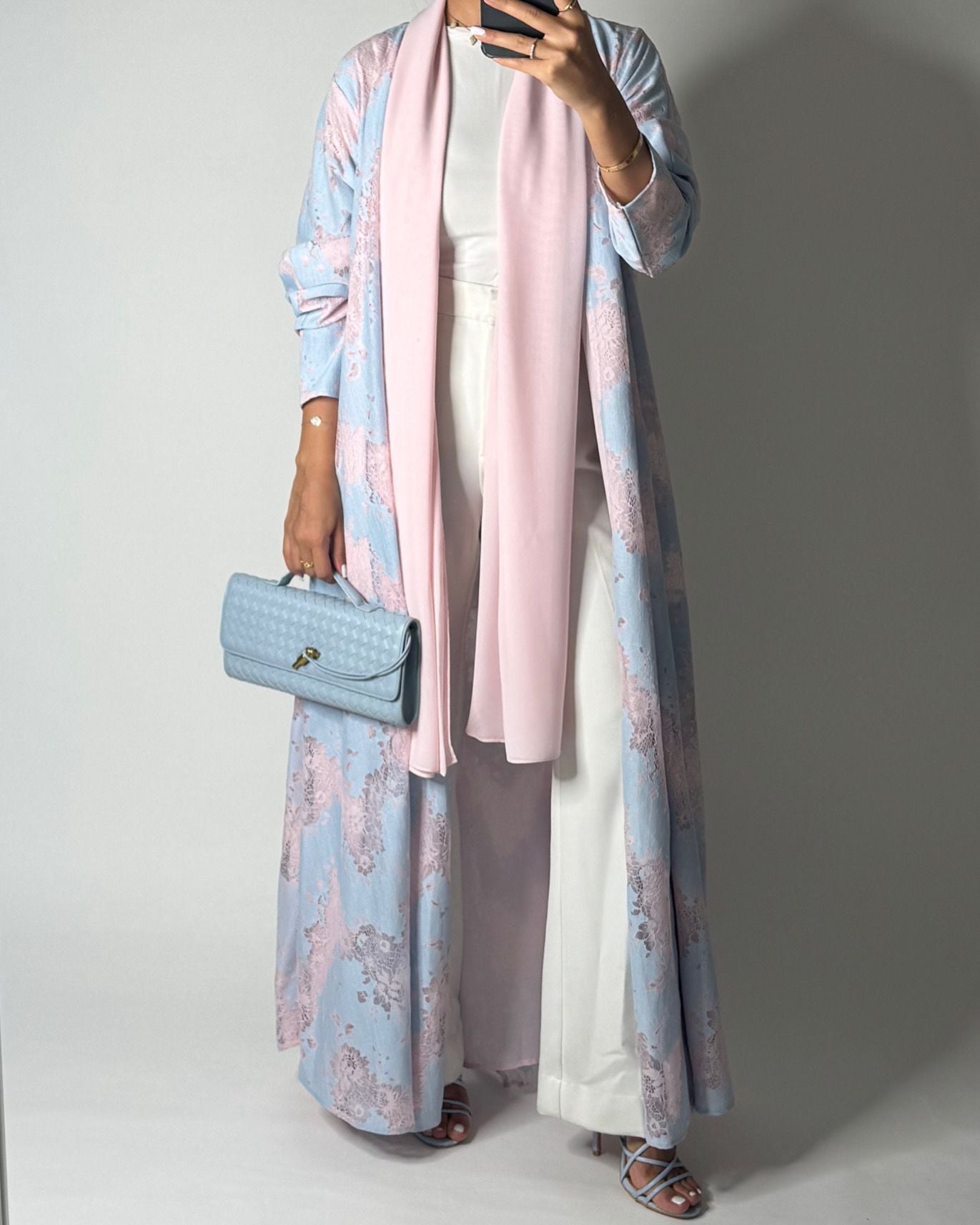 A601 - Baby Blue & Pink Linen & Lace A-CUT Summery Abaya & Matching Head Scarf