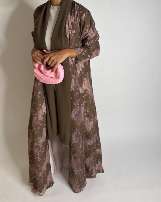 A599 - Brown & Pink Linen & Lace A-CUT Summery Abaya & Matching Head Scarf