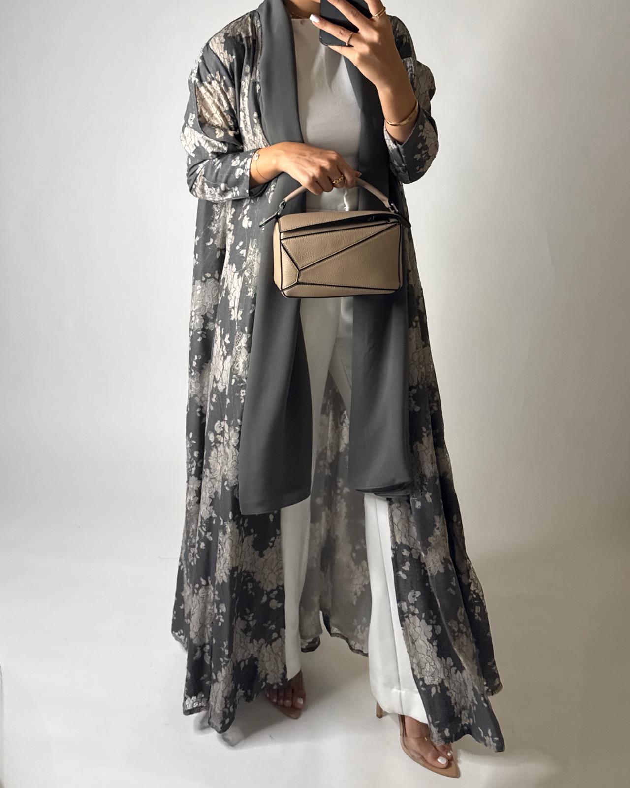 A602 - Gray & Cream Linen & Lace A-CUT Summery Abaya & Matching Head Scarf