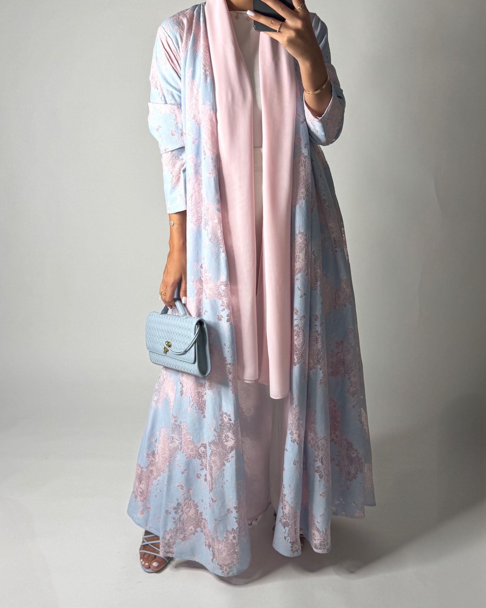 A601 - Baby Blue & Pink Linen & Lace A-CUT Summery Abaya & Matching Head Scarf