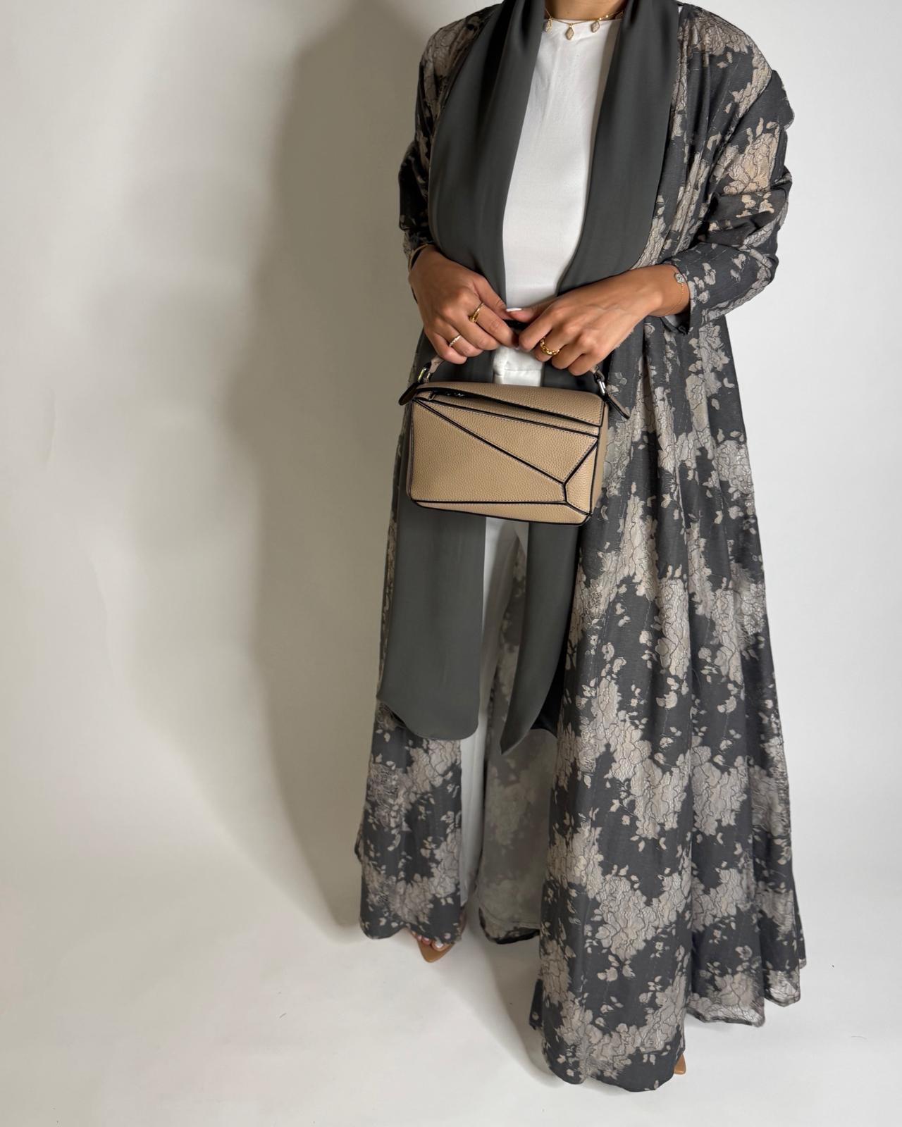 A602 - Gray & Cream Linen & Lace A-CUT Summery Abaya & Matching Head Scarf