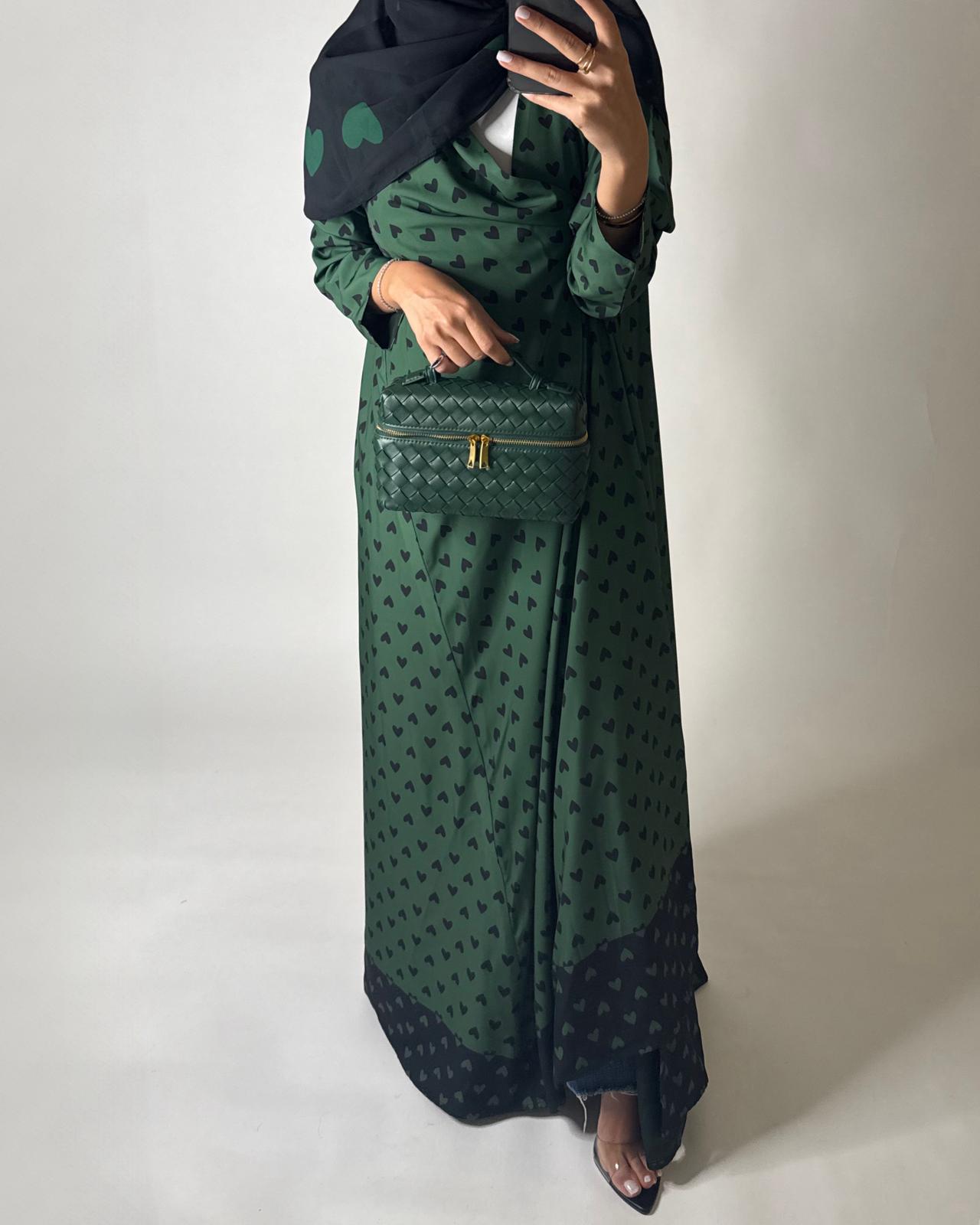 A607 -  Shades of Green Heart A-CUT Wrap Summery Abaya & Matching Head Scarf