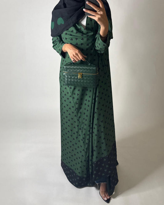 A607 -  Shades of Green Heart A-CUT Wrap Summery Abaya & Matching Head Scarf