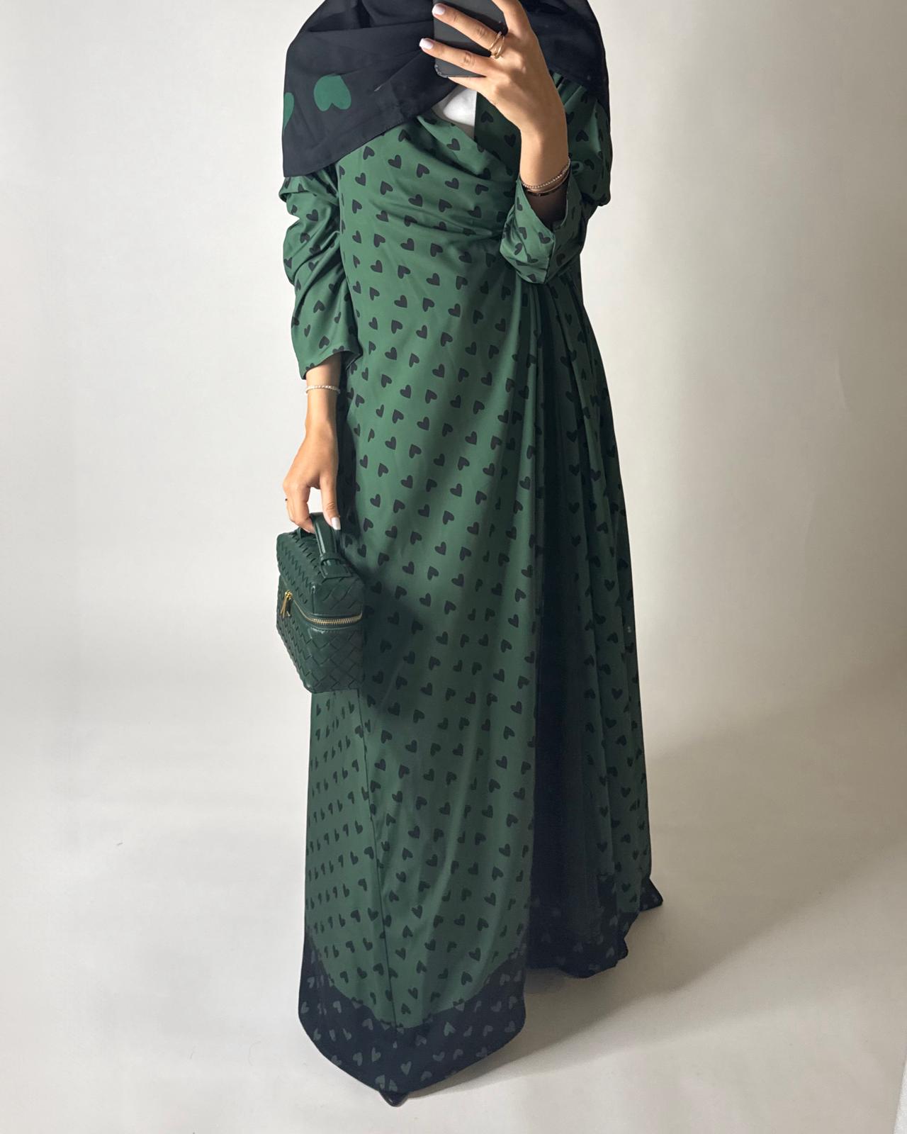 A607 -  Shades of Green Heart A-CUT Wrap Summery Abaya & Matching Head Scarf