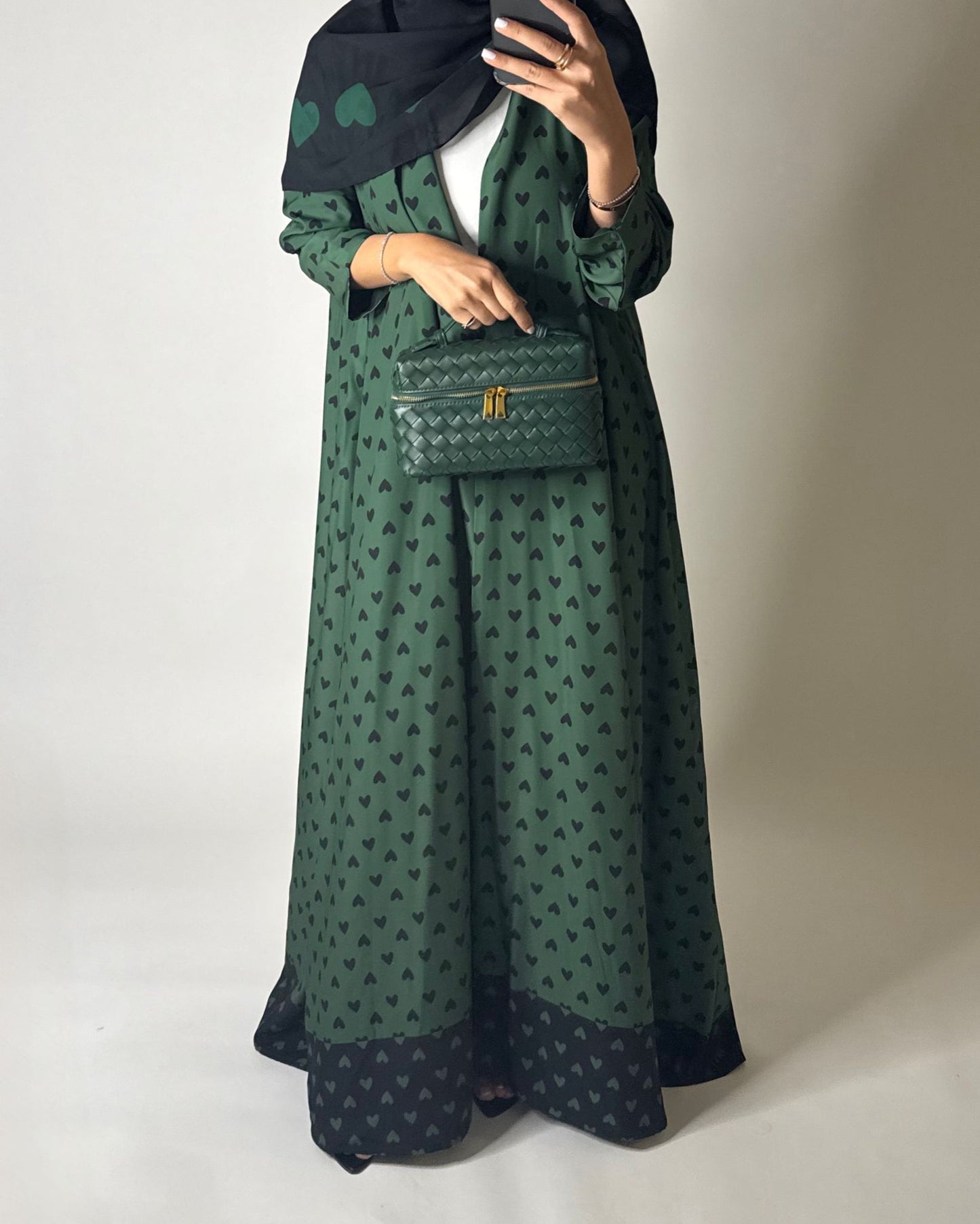 A607 -  Shades of Green Heart A-CUT Wrap Summery Abaya & Matching Head Scarf