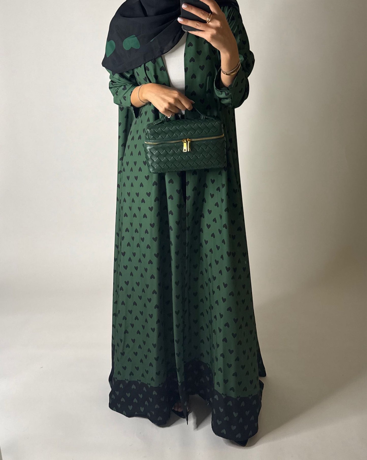 A607 -  Shades of Green Heart A-CUT Wrap Summery Abaya & Matching Head Scarf