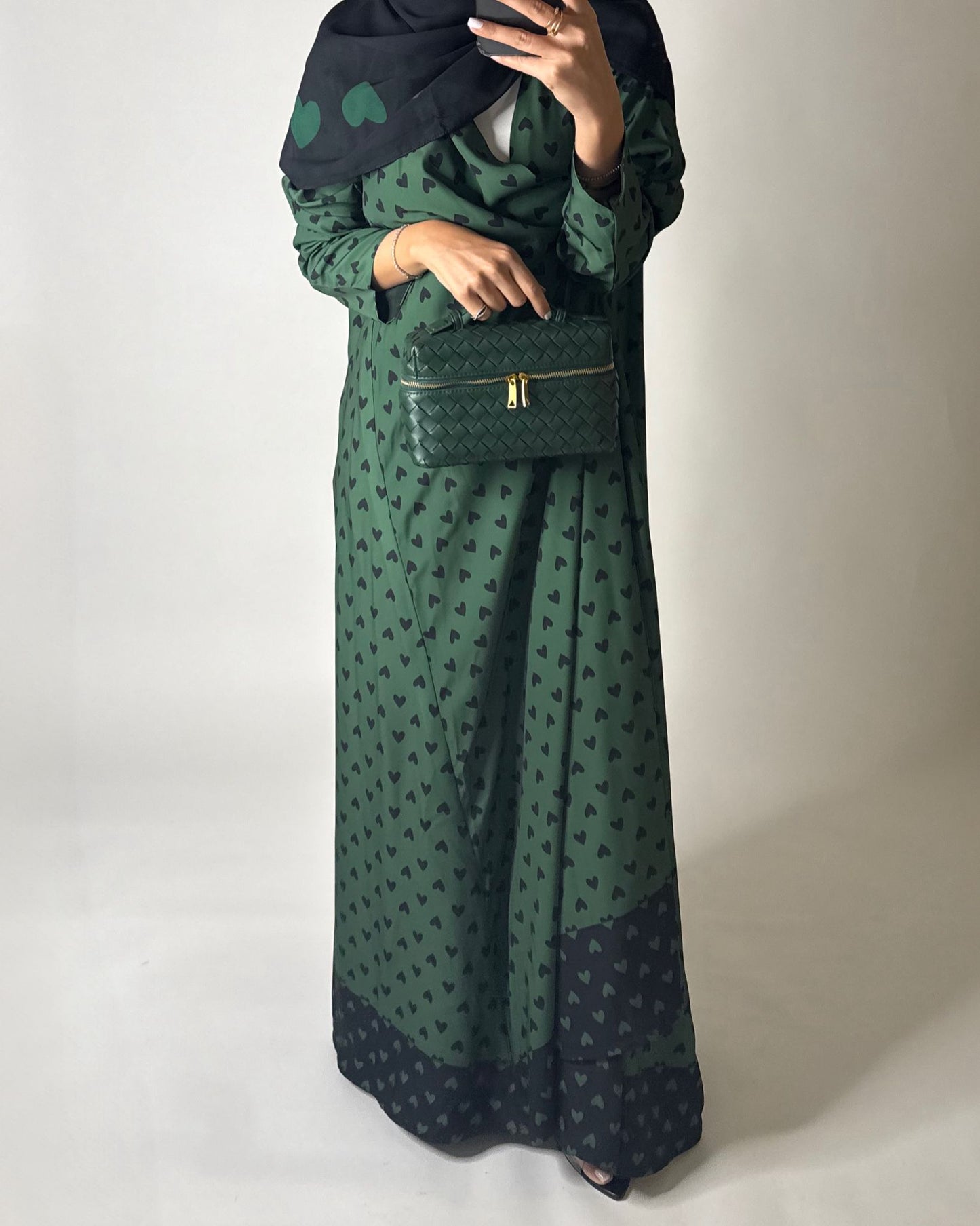A607 -  Shades of Green Heart A-CUT Wrap Summery Abaya & Matching Head Scarf
