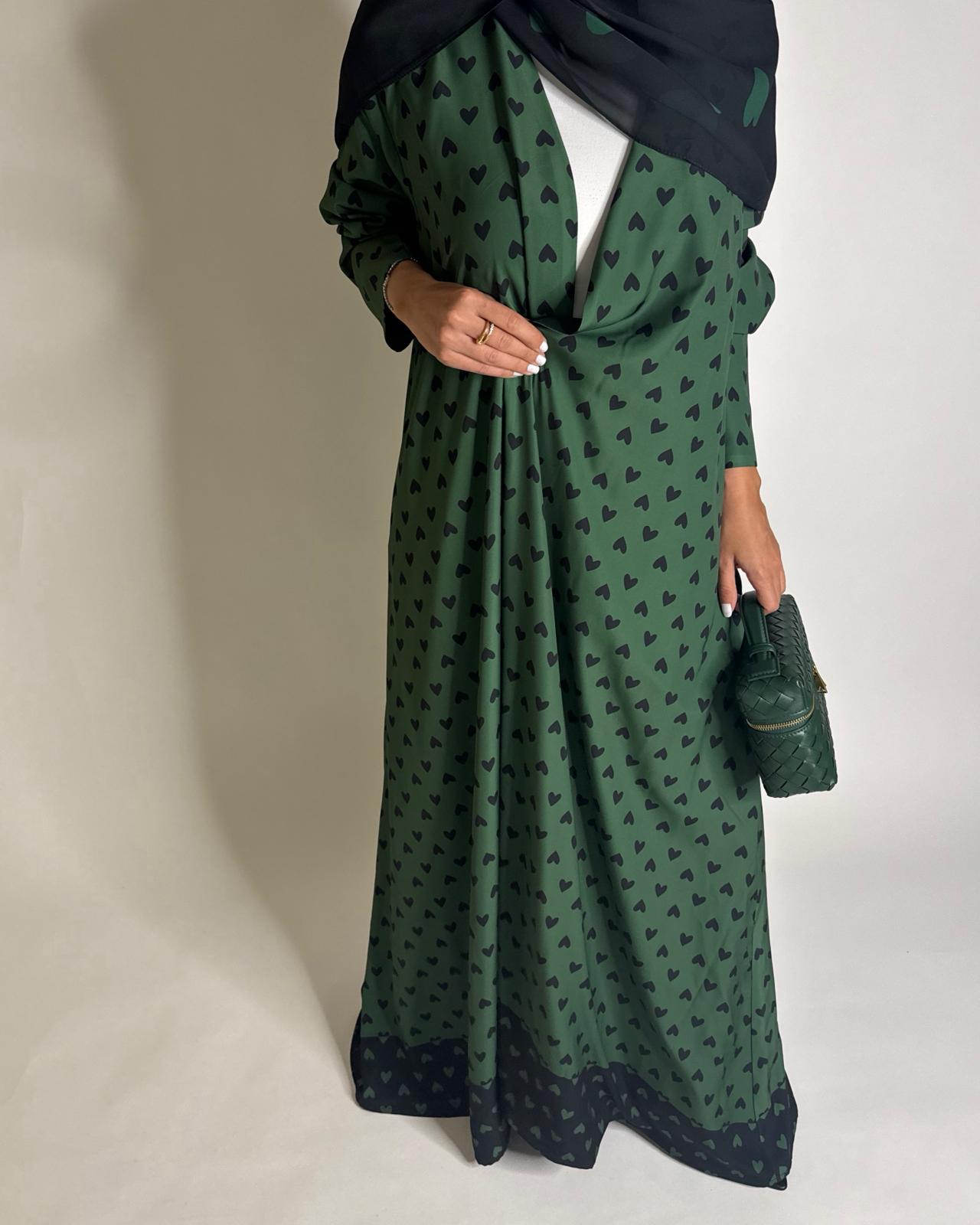 A607 -  Shades of Green Heart A-CUT Wrap Summery Abaya & Matching Head Scarf