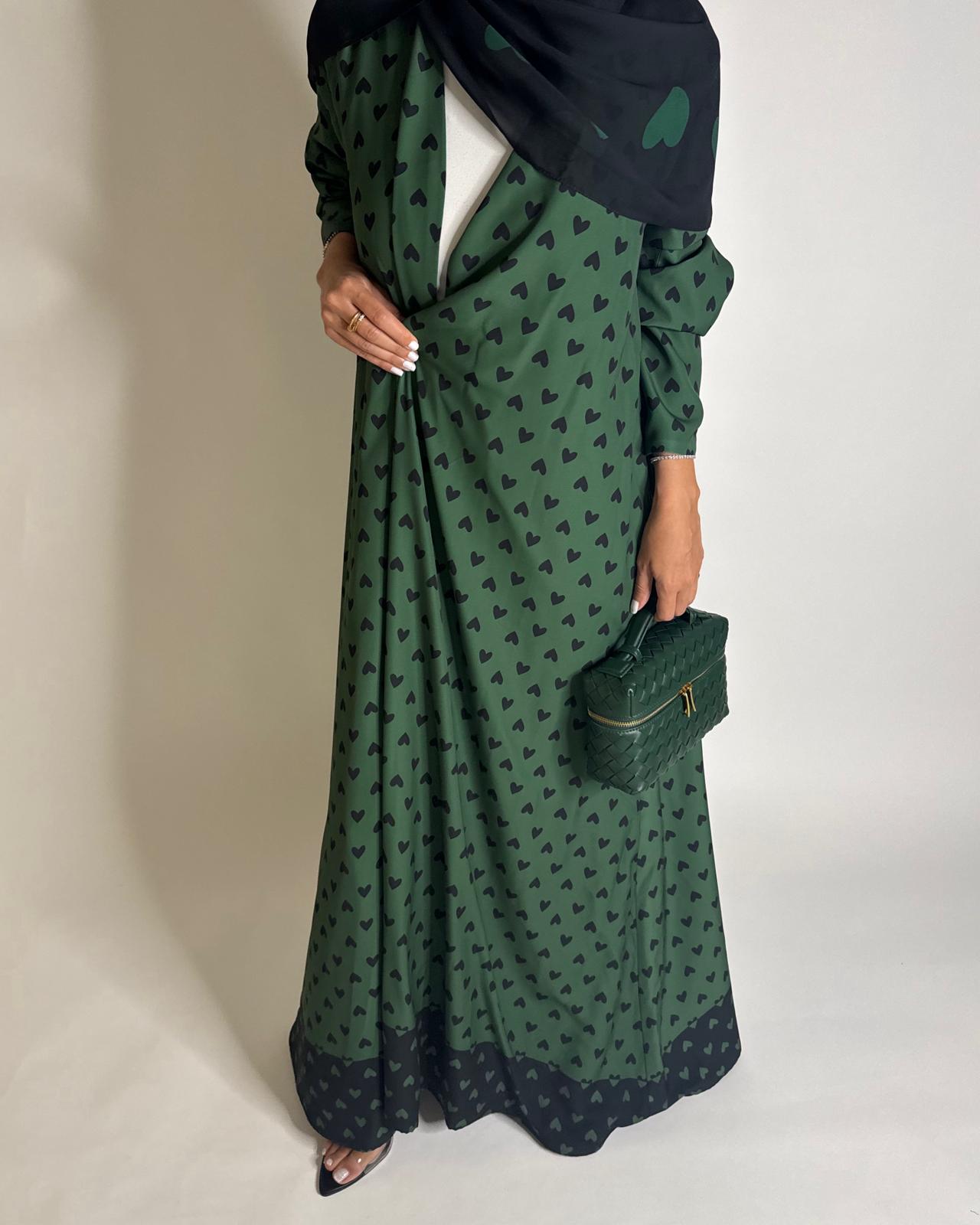 A607 -  Shades of Green Heart A-CUT Wrap Summery Abaya & Matching Head Scarf