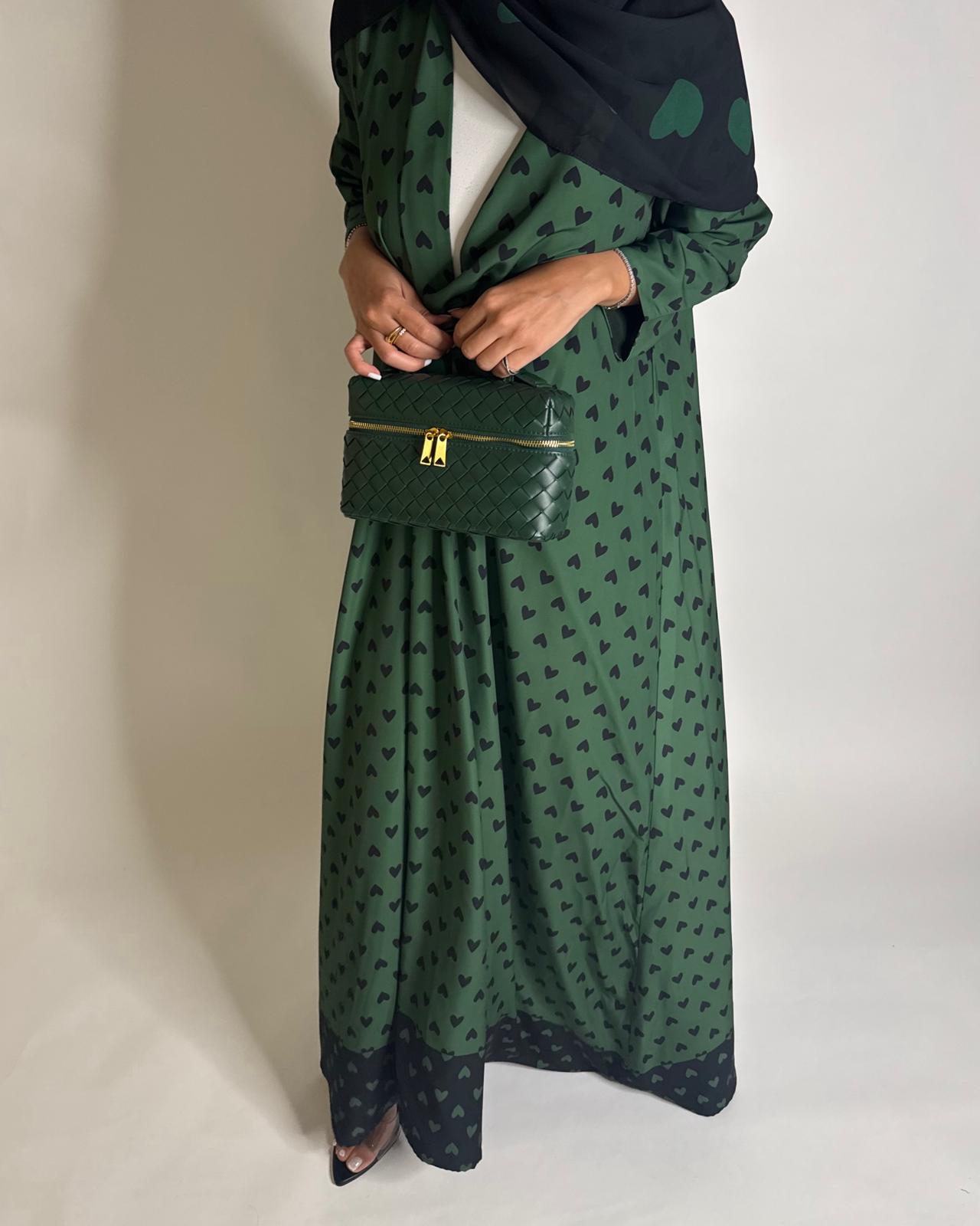 A607 -  Shades of Green Heart A-CUT Wrap Summery Abaya & Matching Head Scarf