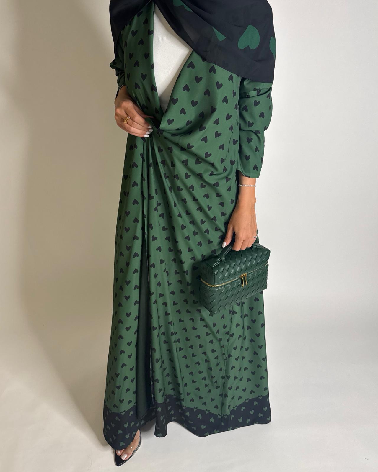A607 -  Shades of Green Heart A-CUT Wrap Summery Abaya & Matching Head Scarf