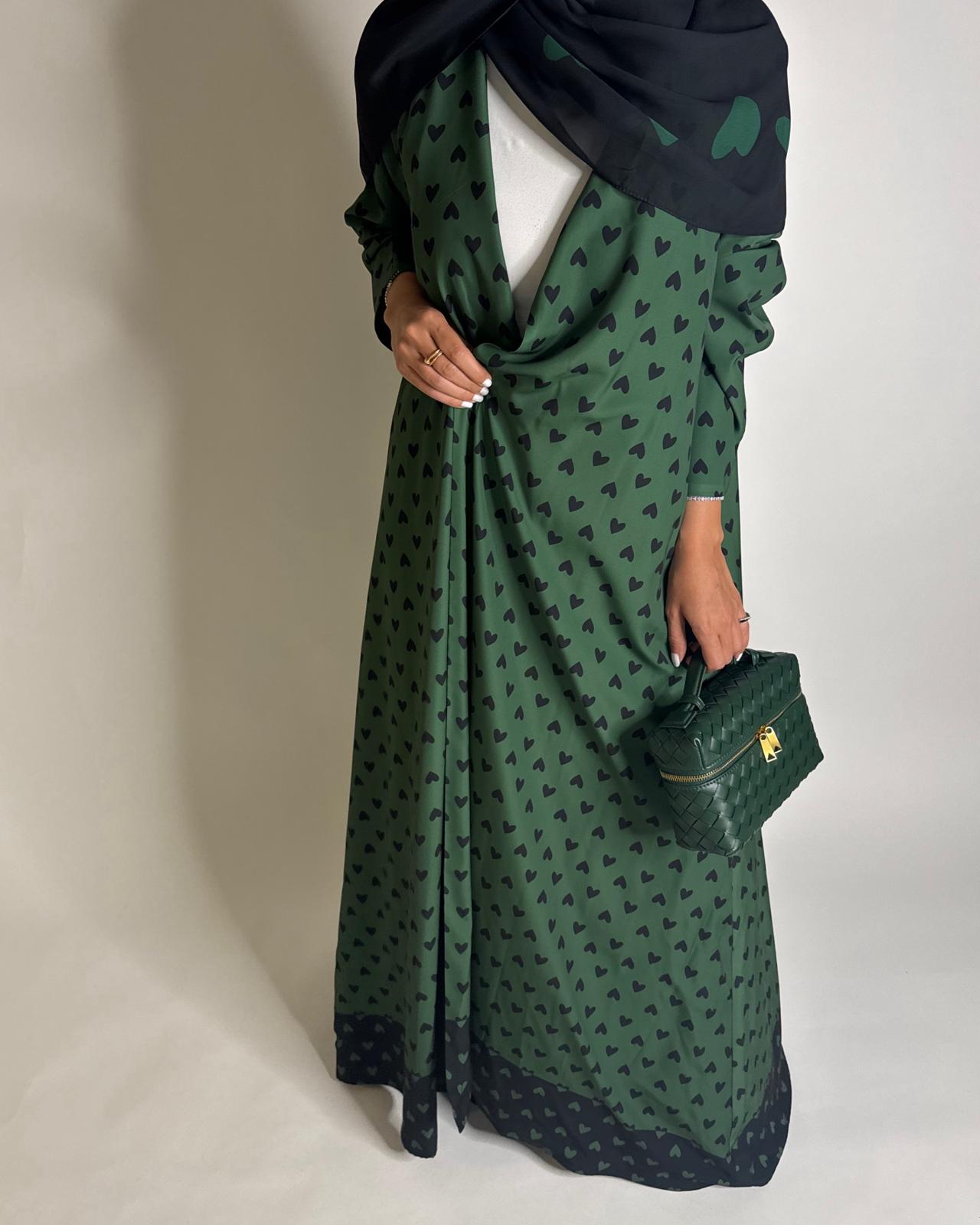 A607 -  Shades of Green Heart A-CUT Wrap Summery Abaya & Matching Head Scarf