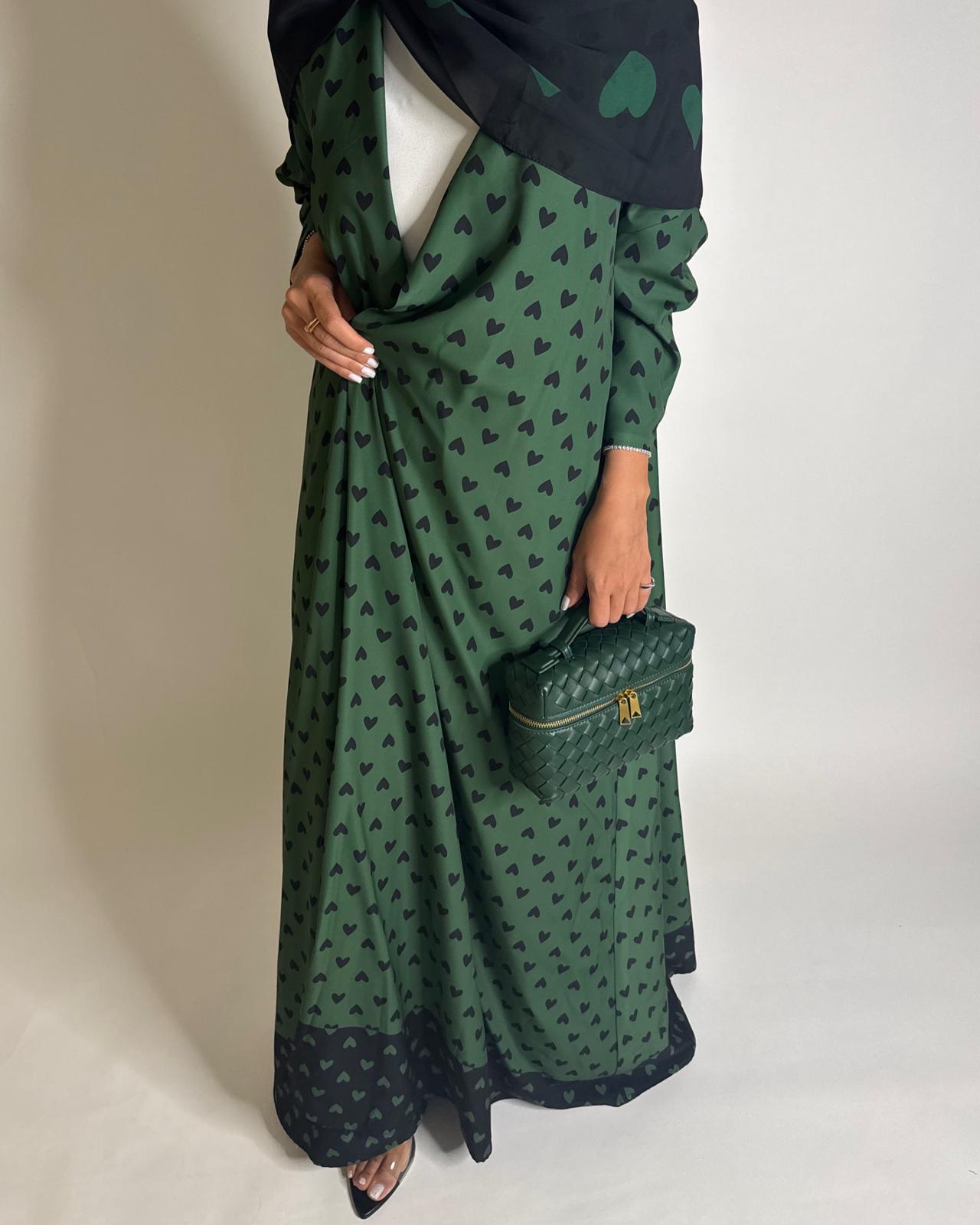 A607 -  Shades of Green Heart A-CUT Wrap Summery Abaya & Matching Head Scarf