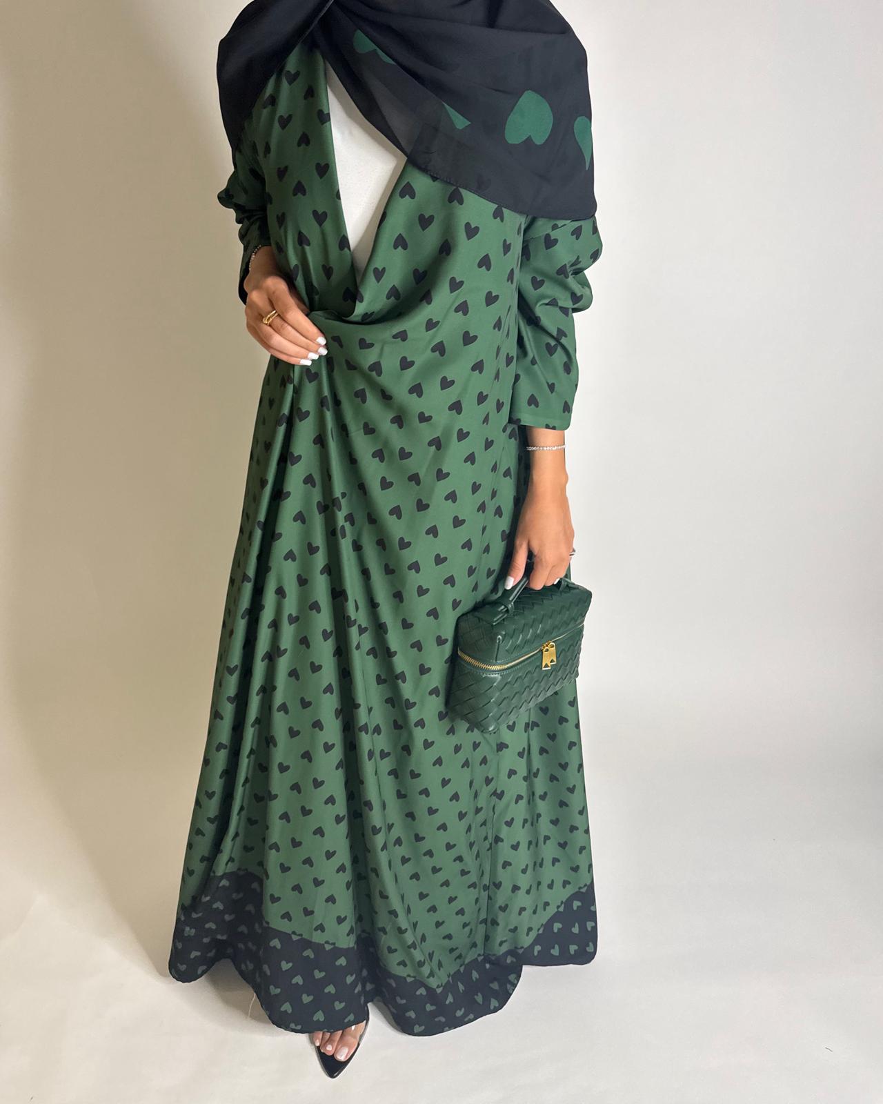 A607 -  Shades of Green Heart A-CUT Wrap Summery Abaya & Matching Head Scarf