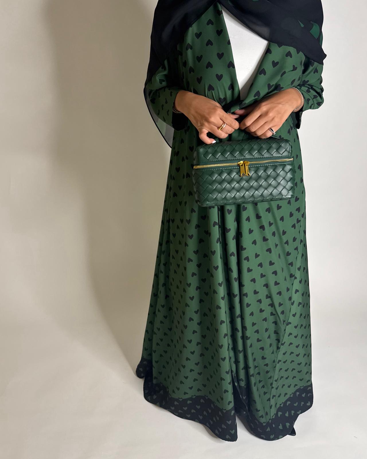 A607 -  Shades of Green Heart A-CUT Wrap Summery Abaya & Matching Head Scarf