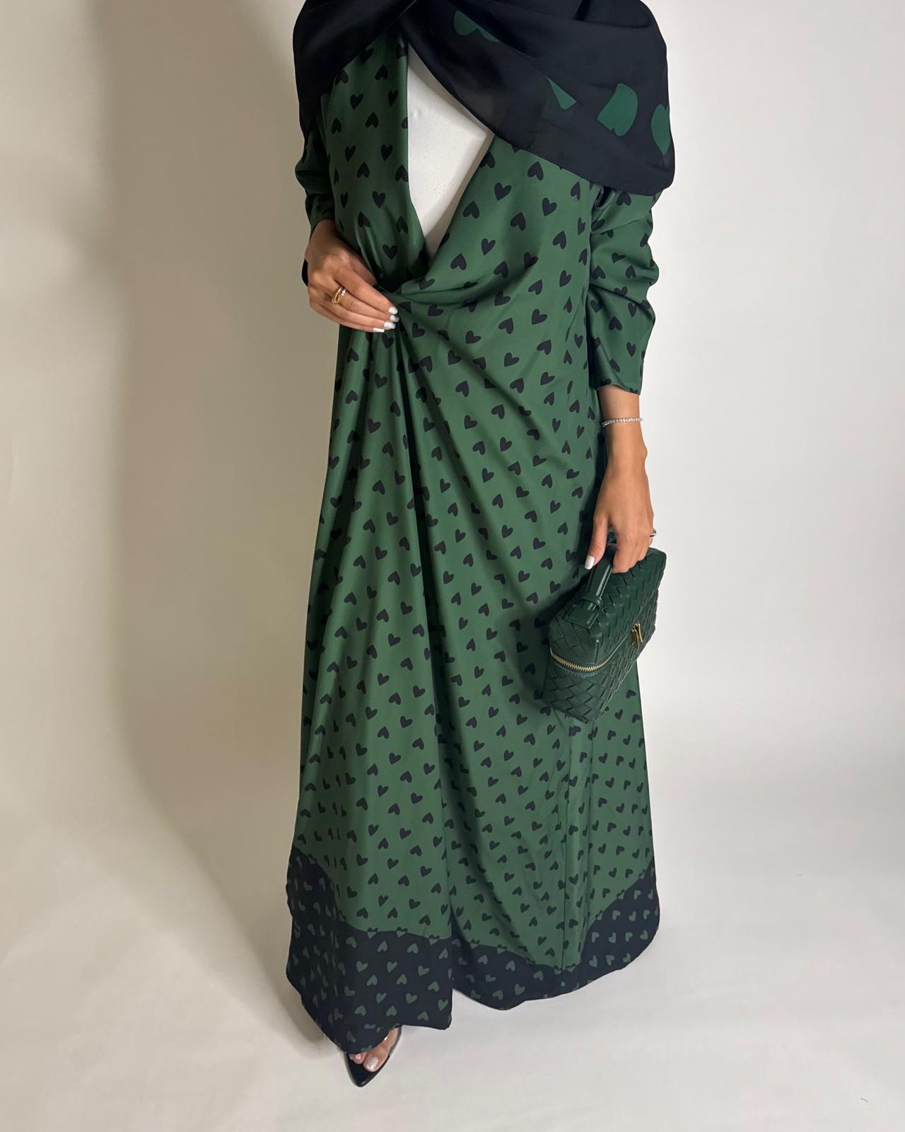 A607 -  Shades of Green Heart A-CUT Wrap Summery Abaya & Matching Head Scarf