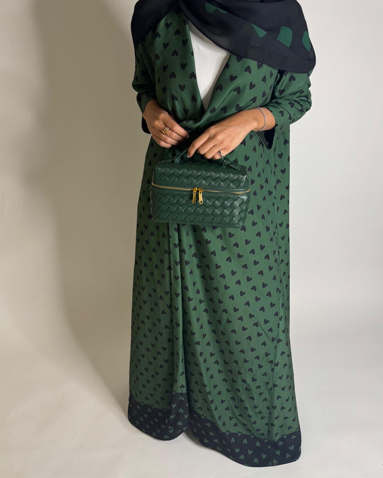 A607 -  Shades of Green Heart A-CUT Wrap Summery Abaya & Matching Head Scarf