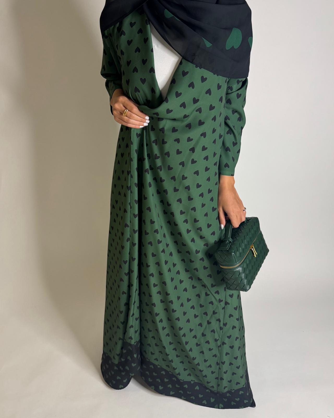 A607 -  Shades of Green Heart A-CUT Wrap Summery Abaya & Matching Head Scarf