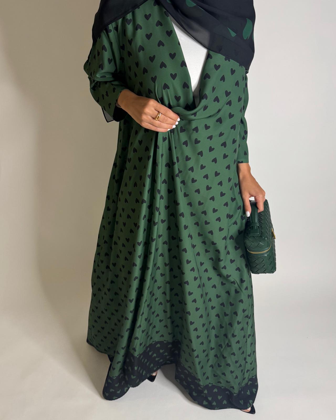 A607 -  Shades of Green Heart A-CUT Wrap Summery Abaya & Matching Head Scarf
