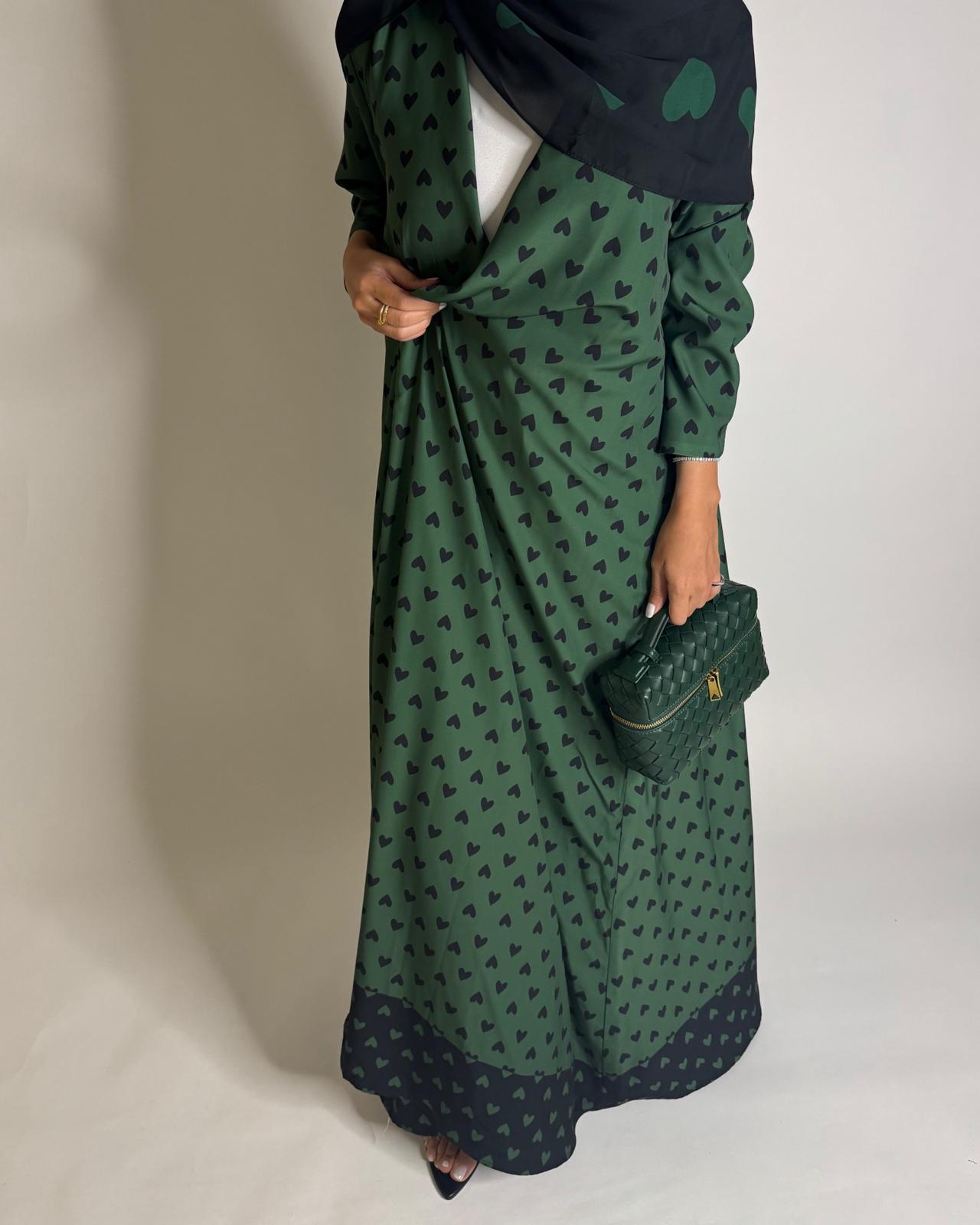 A607 -  Shades of Green Heart A-CUT Wrap Summery Abaya & Matching Head Scarf