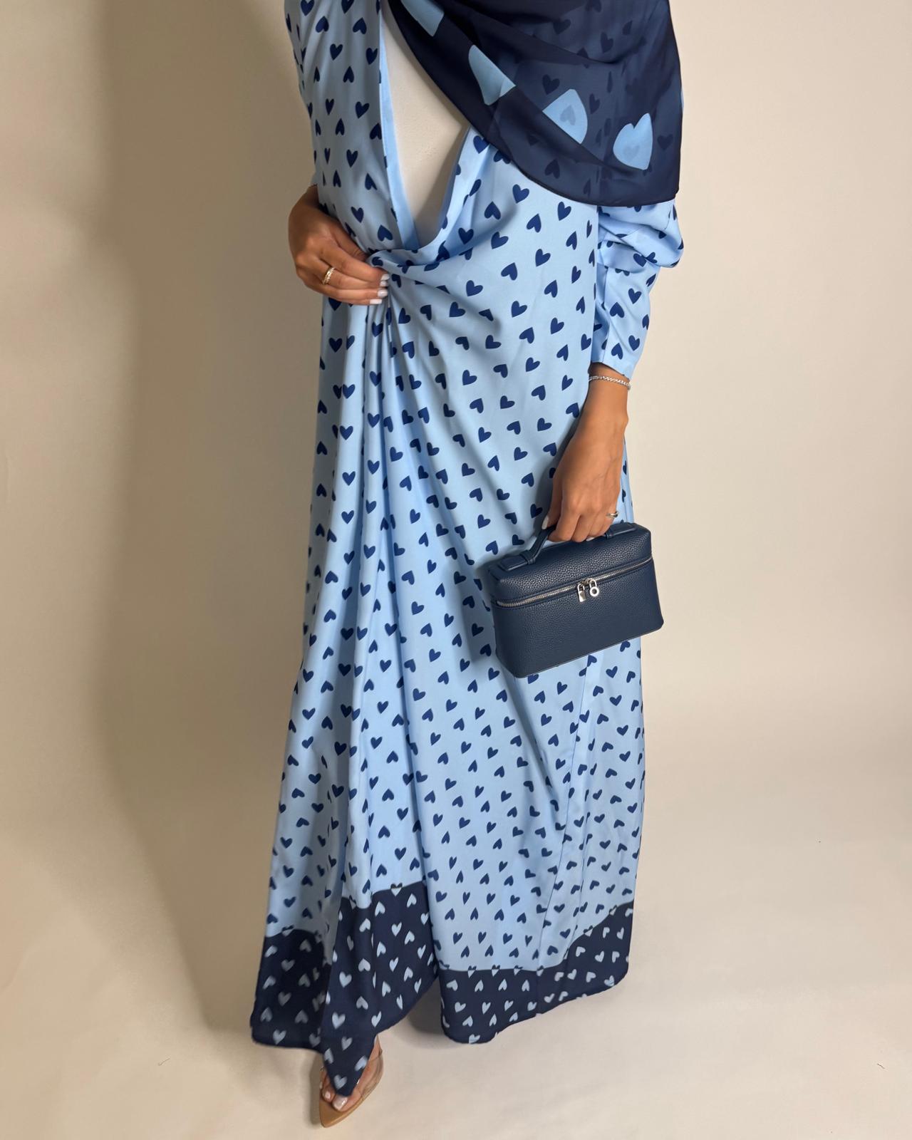 A605 -  Light Blue & Dark Blue Heart A-CUT Wrap Summery Abaya & Matching Head Scarf