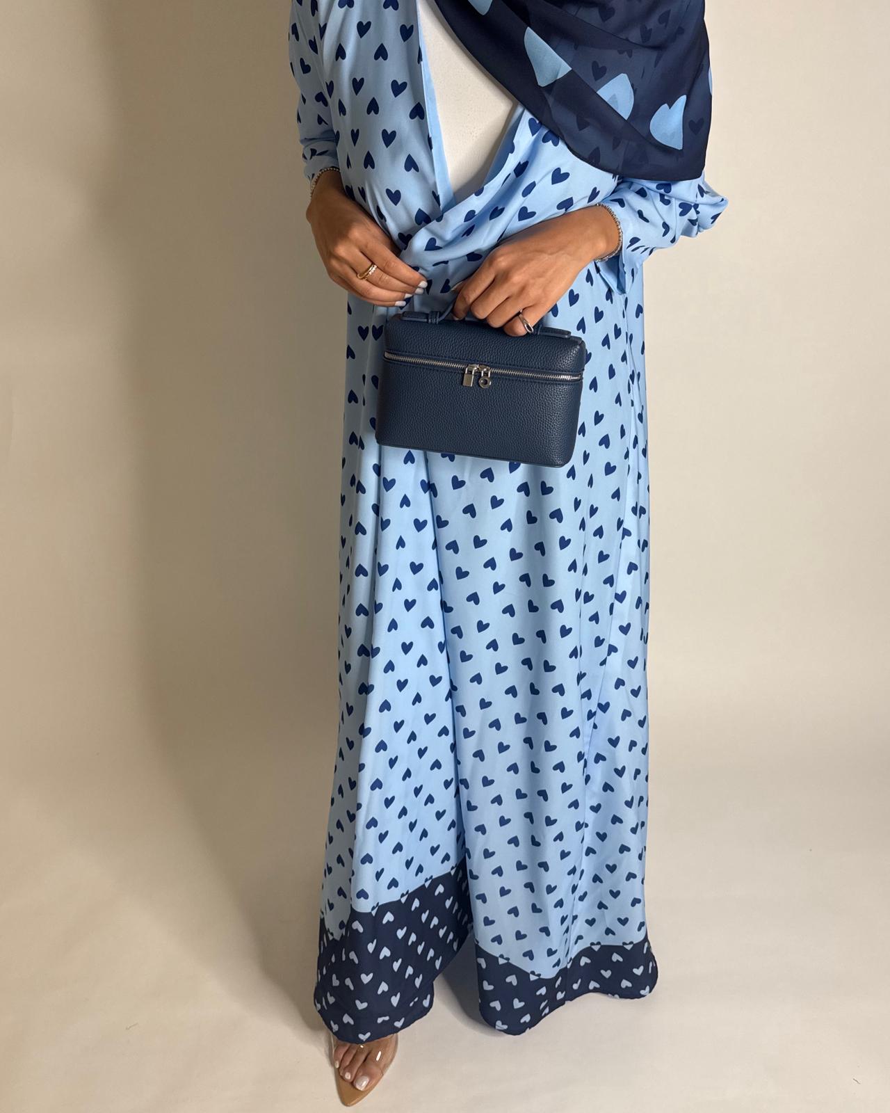 A605 -  Light Blue & Dark Blue Heart A-CUT Wrap Summery Abaya & Matching Head Scarf