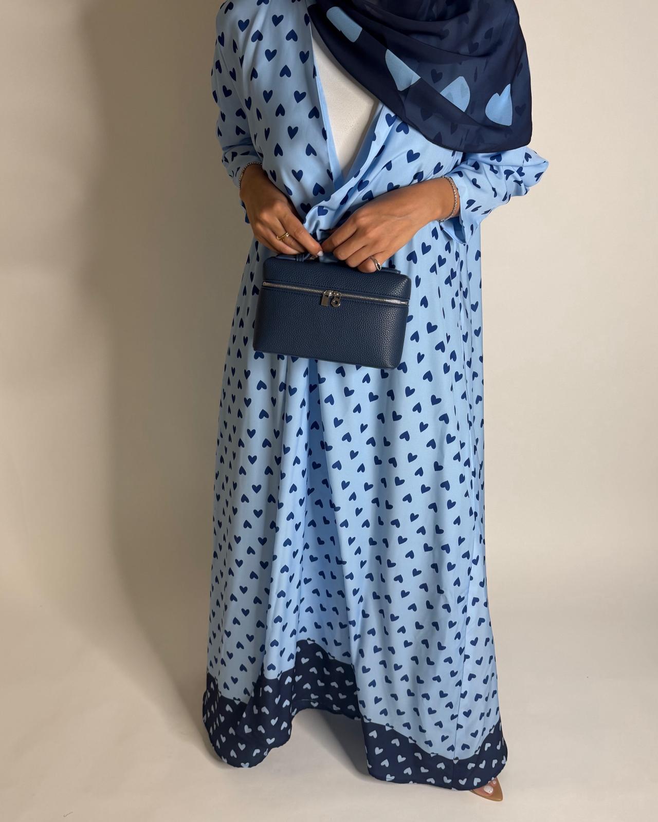 A605 -  Light Blue & Dark Blue Heart A-CUT Wrap Summery Abaya & Matching Head Scarf