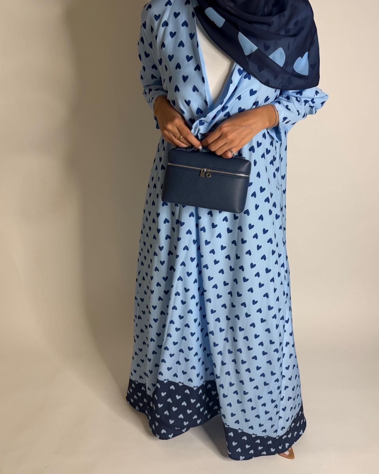A605 -  Light Blue & Dark Blue Heart A-CUT Wrap Summery Abaya & Matching Head Scarf