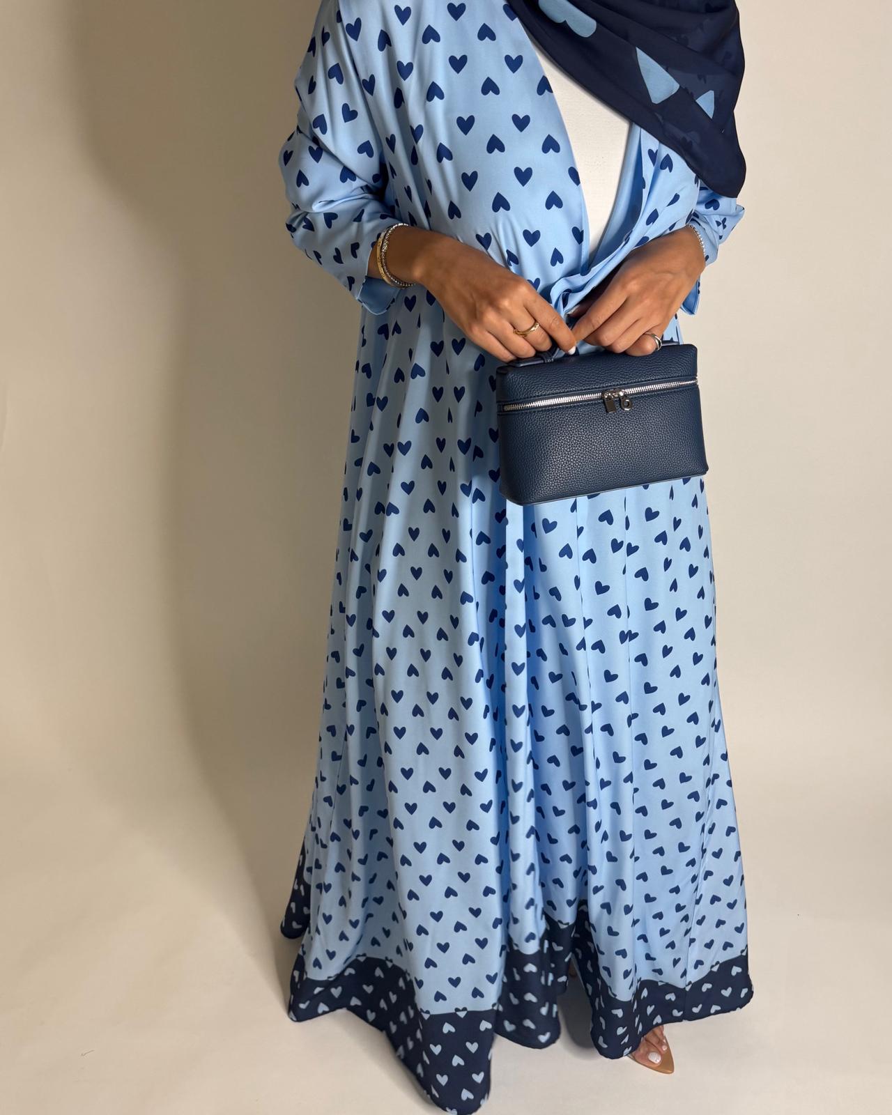 A605 -  Light Blue & Dark Blue Heart A-CUT Wrap Summery Abaya & Matching Head Scarf