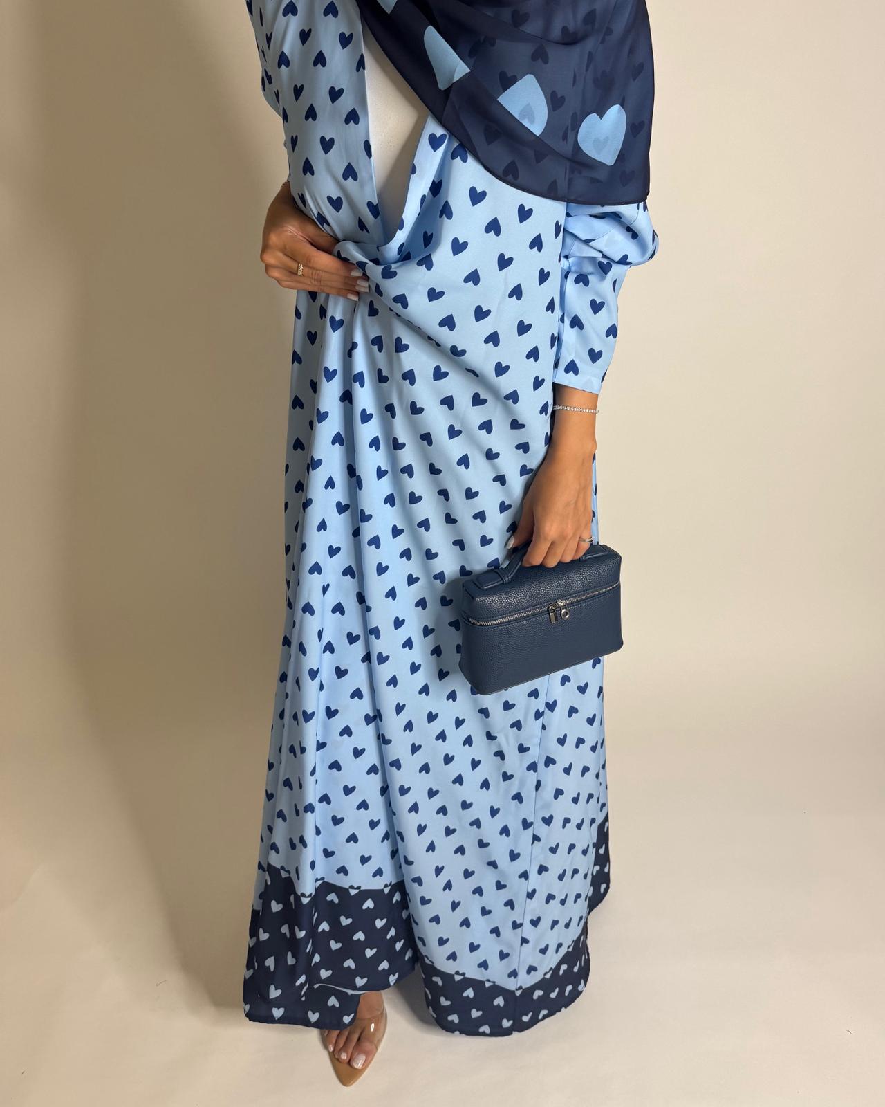 A605 -  Light Blue & Dark Blue Heart A-CUT Wrap Summery Abaya & Matching Head Scarf