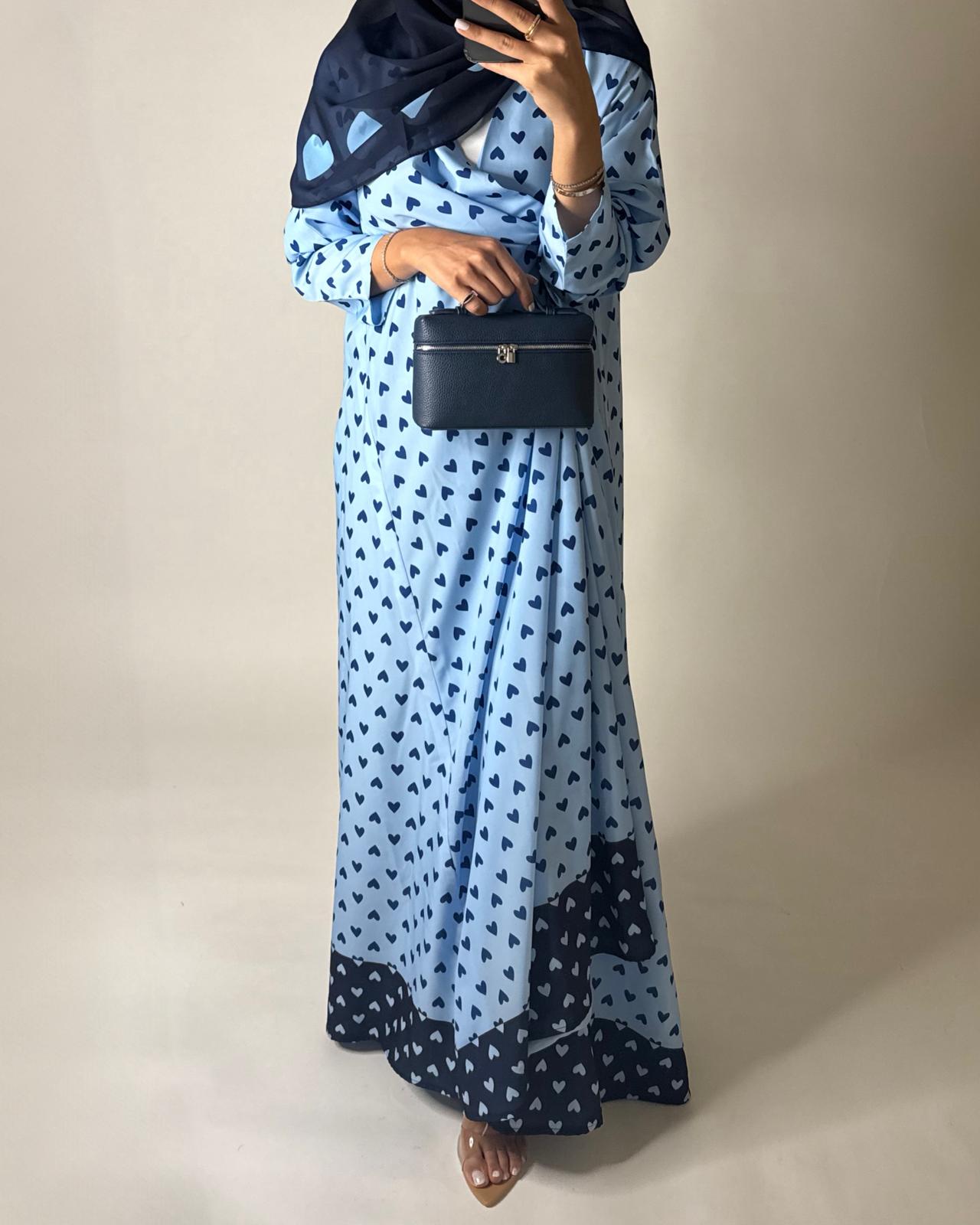 A605 -  Light Blue & Dark Blue Heart A-CUT Wrap Summery Abaya & Matching Head Scarf