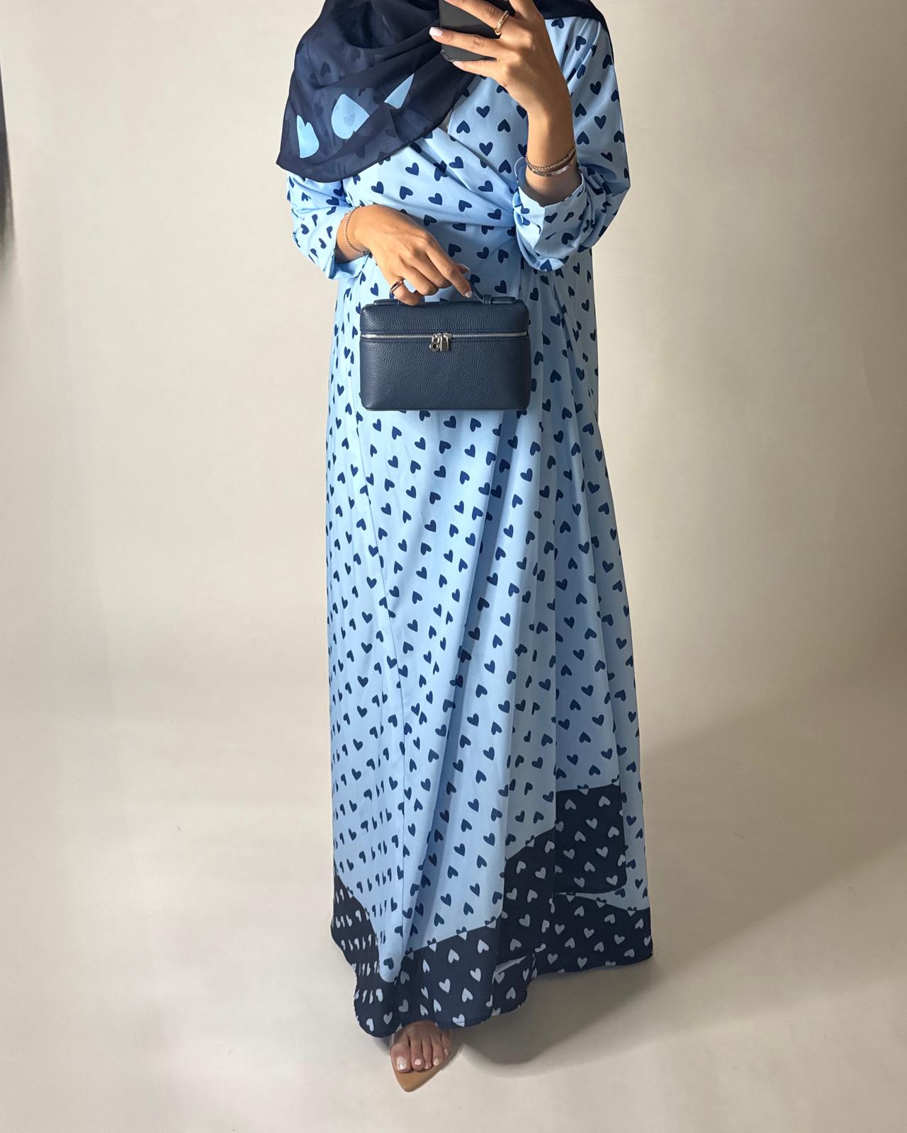 A605 -  Light Blue & Dark Blue Heart A-CUT Wrap Summery Abaya & Matching Head Scarf
