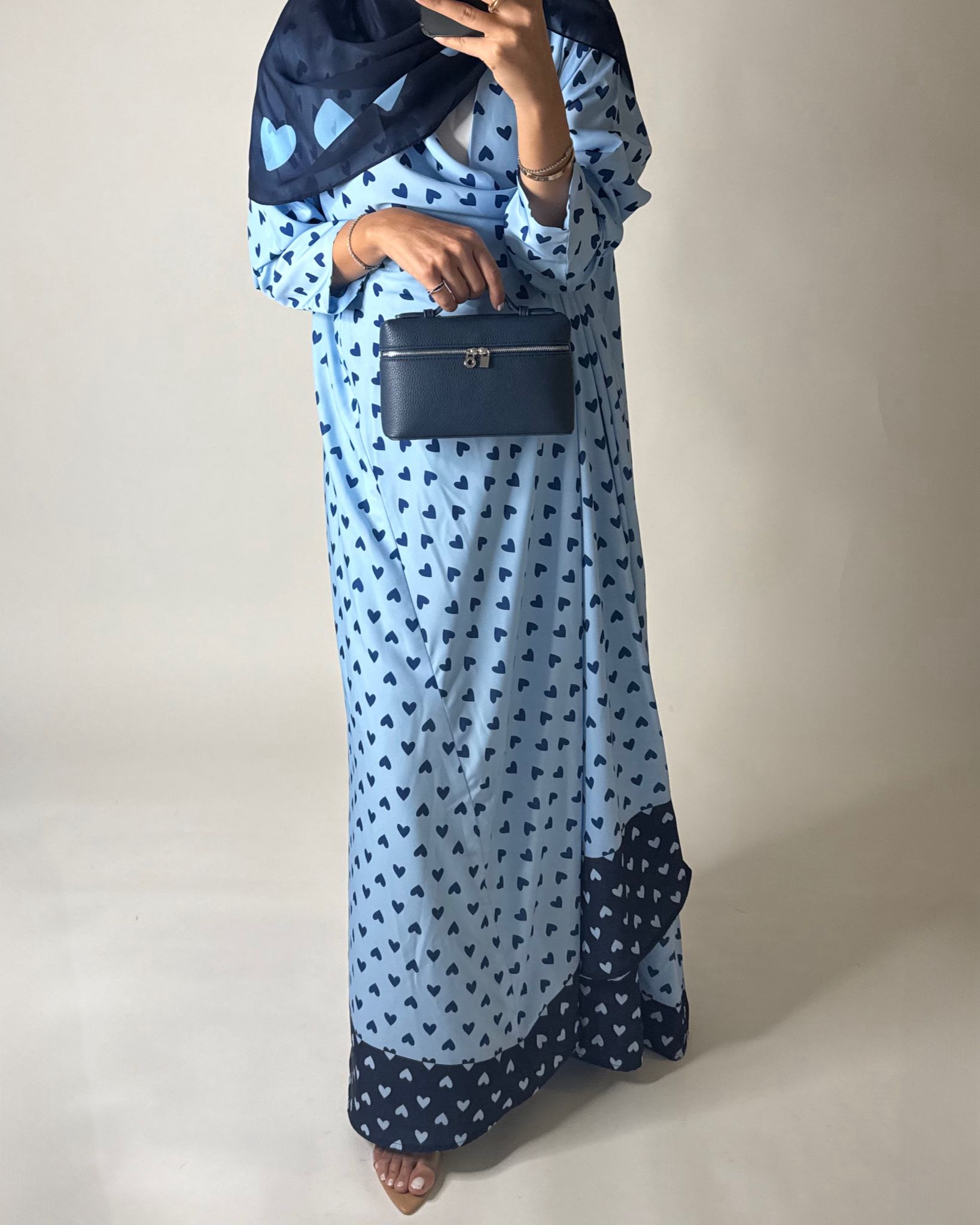 A605 -  Light Blue & Dark Blue Heart A-CUT Wrap Summery Abaya & Matching Head Scarf
