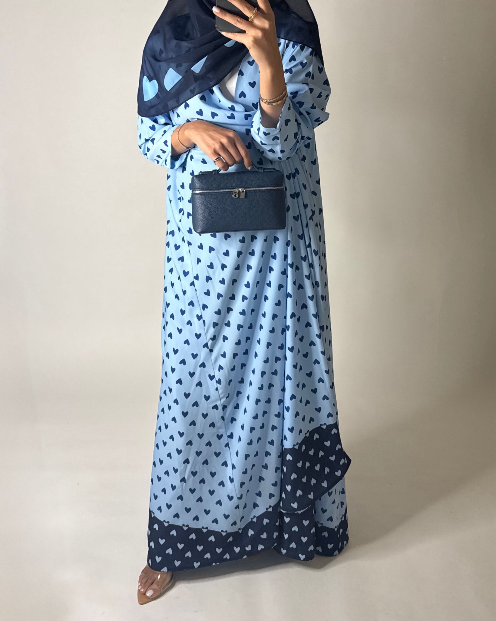 A605 -  Light Blue & Dark Blue Heart A-CUT Wrap Summery Abaya & Matching Head Scarf