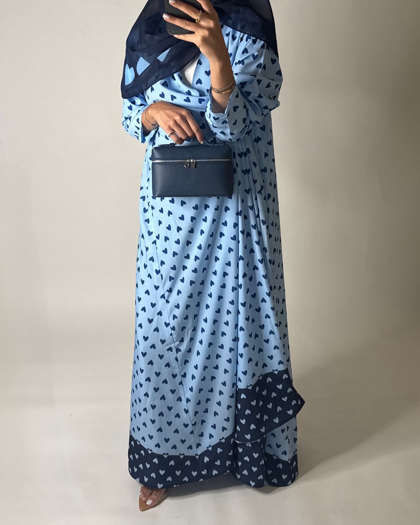 A605 -  Light Blue & Dark Blue Heart A-CUT Wrap Summery Abaya & Matching Head Scarf