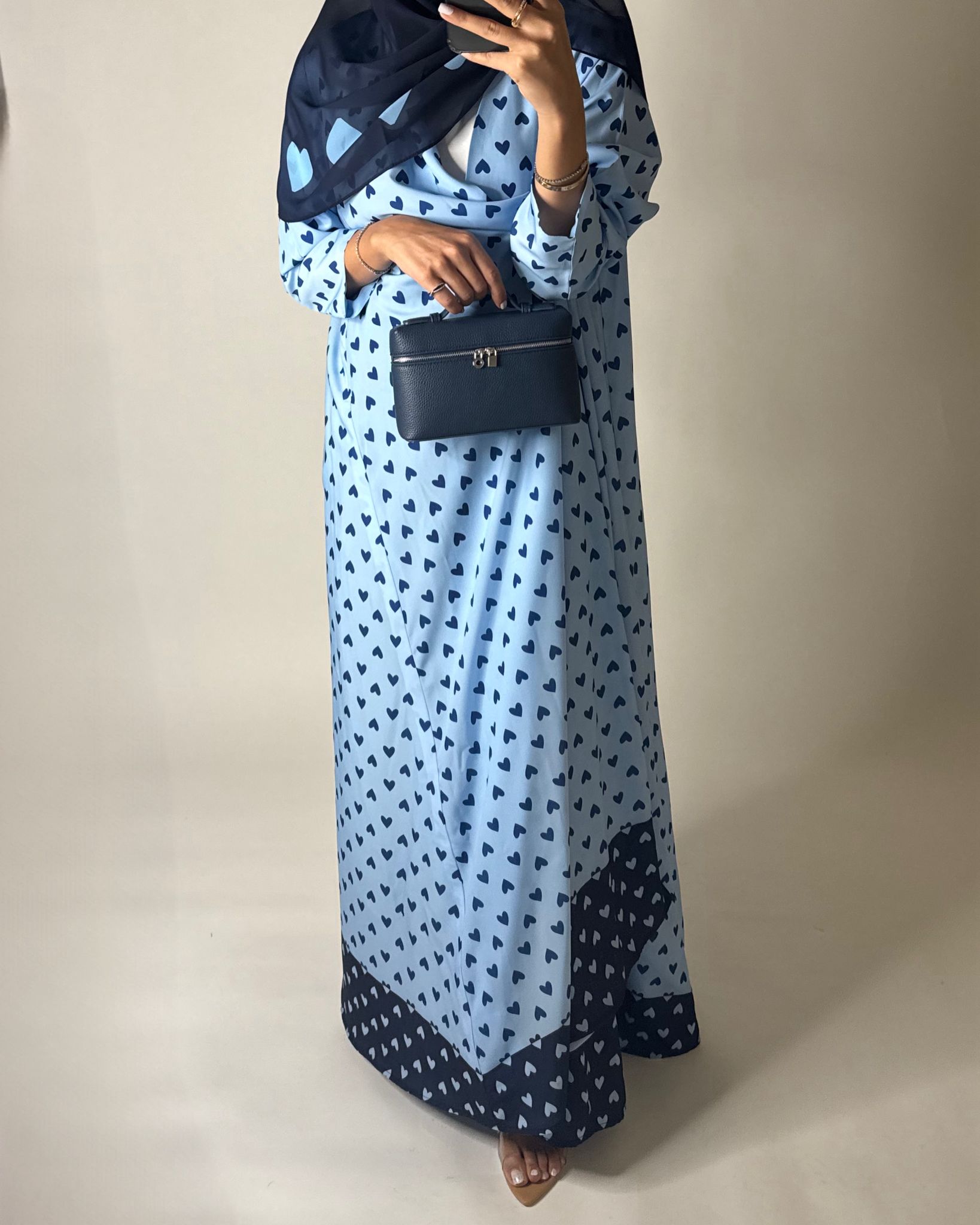 A605 -  Light Blue & Dark Blue Heart A-CUT Wrap Summery Abaya & Matching Head Scarf
