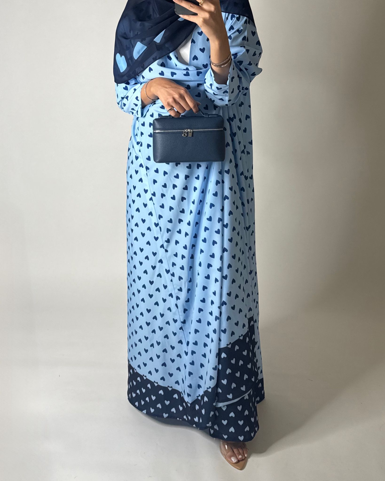 A605 -  Light Blue & Dark Blue Heart A-CUT Wrap Summery Abaya & Matching Head Scarf