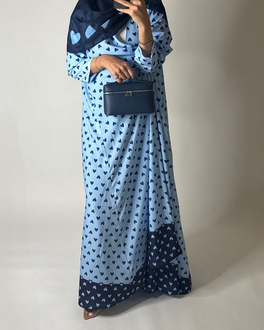 A605 -  Light Blue & Dark Blue Heart A-CUT Wrap Summery Abaya & Matching Head Scarf