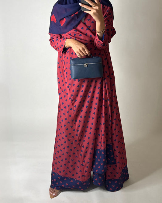 A603 -  Pink & Blue Heart A-CUT Wrap Summery Abaya & Matching Head Scarf