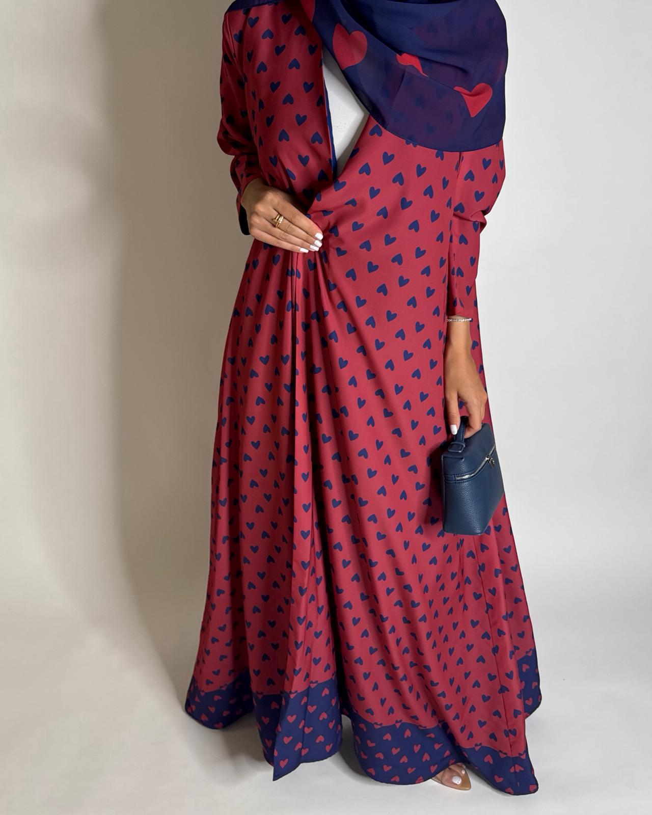 A603 -  Pink & Blue Heart A-CUT Wrap Summery Abaya & Matching Head Scarf