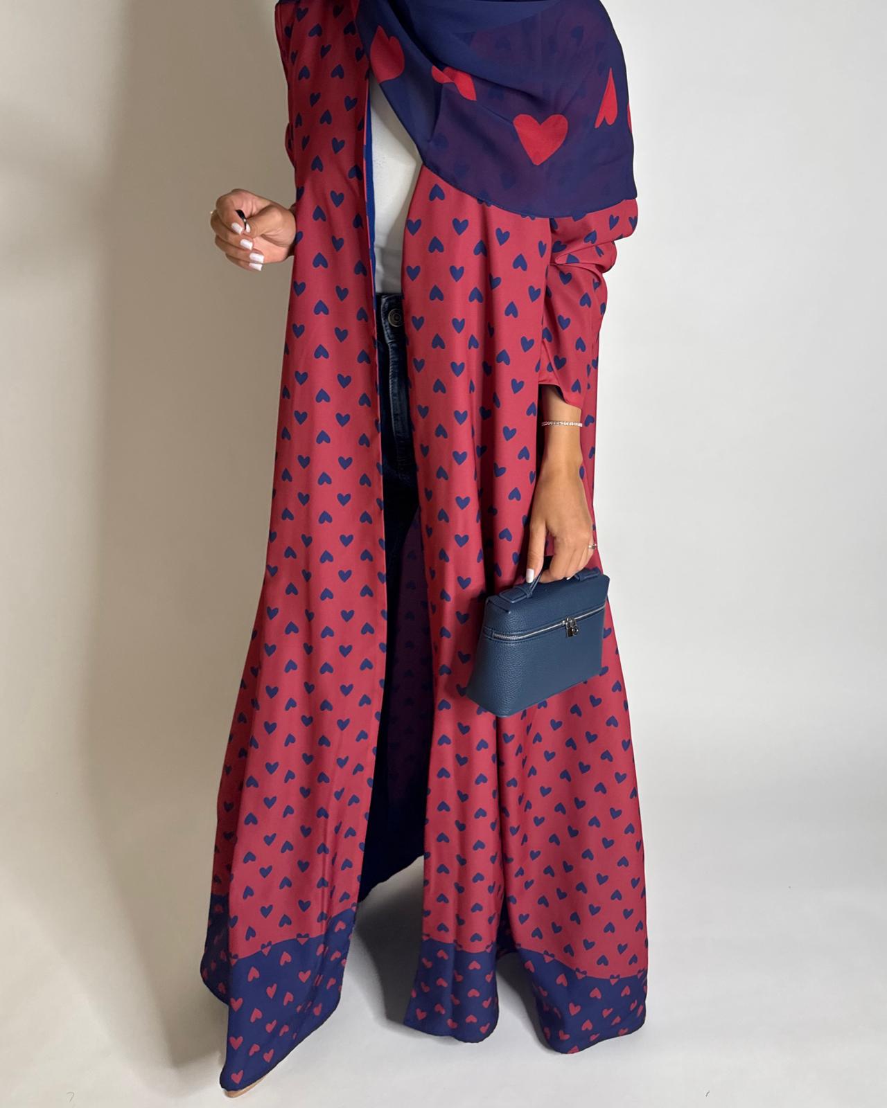 A603 -  Pink & Blue Heart A-CUT Wrap Summery Abaya & Matching Head Scarf