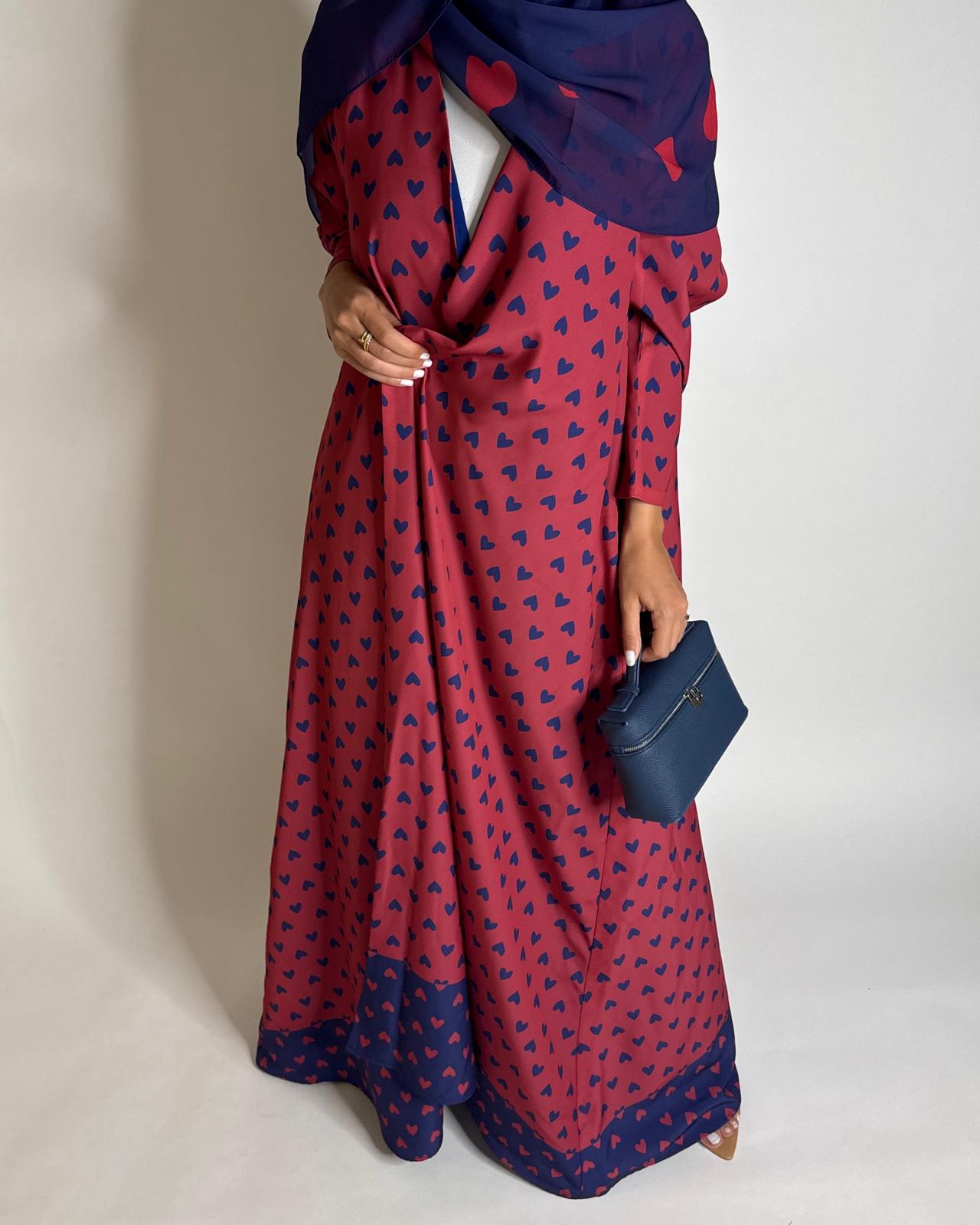 A603 -  Pink & Blue Heart A-CUT Wrap Summery Abaya & Matching Head Scarf