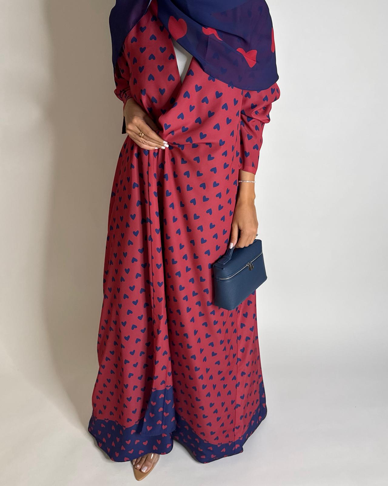 A603 -  Pink & Blue Heart A-CUT Wrap Summery Abaya & Matching Head Scarf