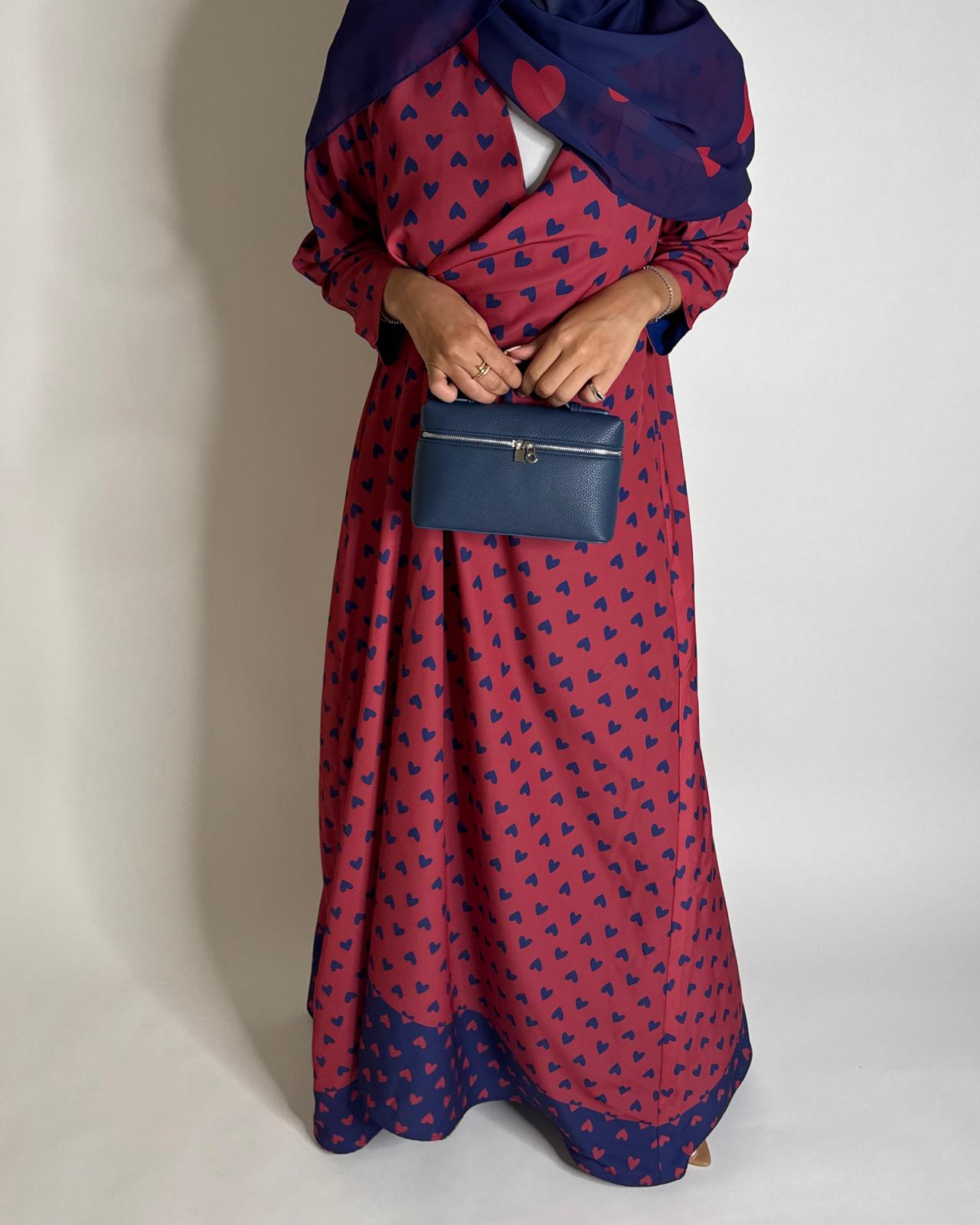 A603 -  Pink & Blue Heart A-CUT Wrap Summery Abaya & Matching Head Scarf
