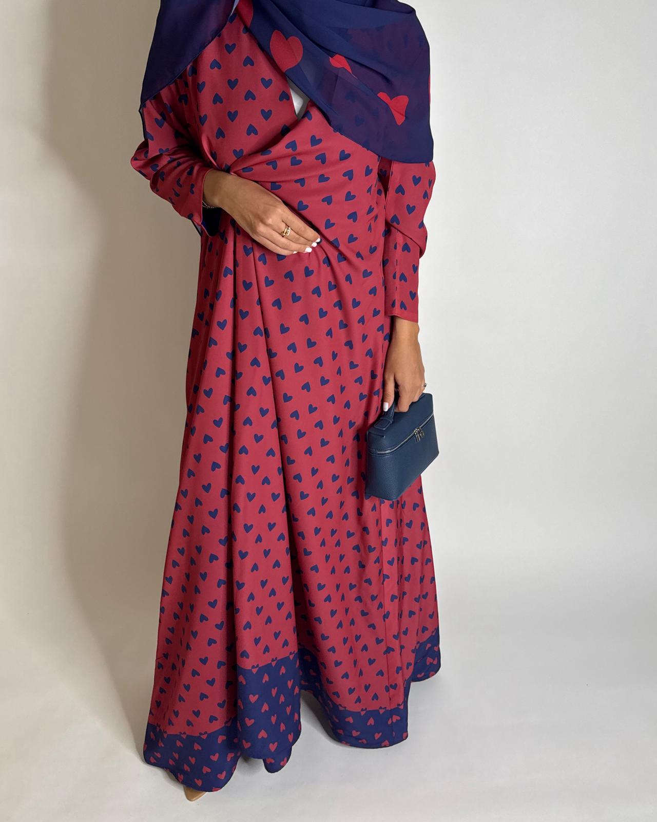 A603 -  Pink & Blue Heart A-CUT Wrap Summery Abaya & Matching Head Scarf