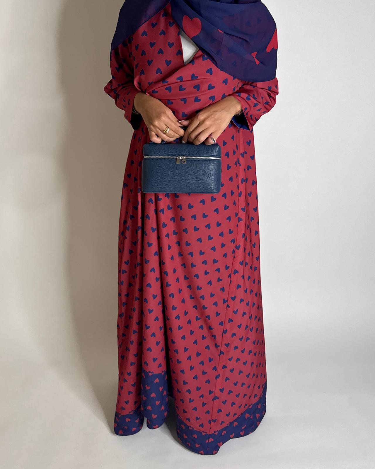 A603 -  Pink & Blue Heart A-CUT Wrap Summery Abaya & Matching Head Scarf